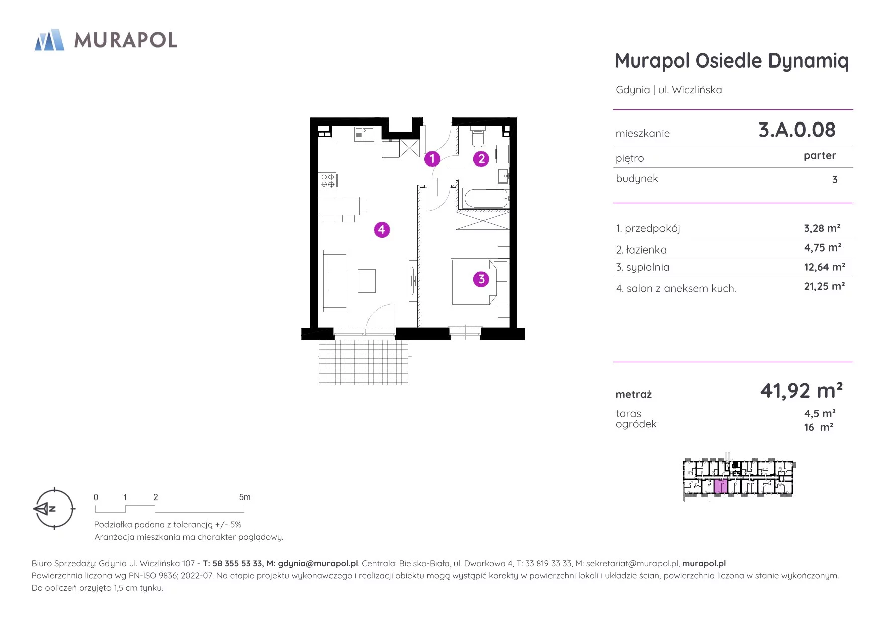 Mieszkanie 41,92 m², parter, oferta nr 3.A.0.08, Murapol Osiedle Dynamiq, Gdynia, Chwarzno-Wiczlino, ul. Wiczlińska