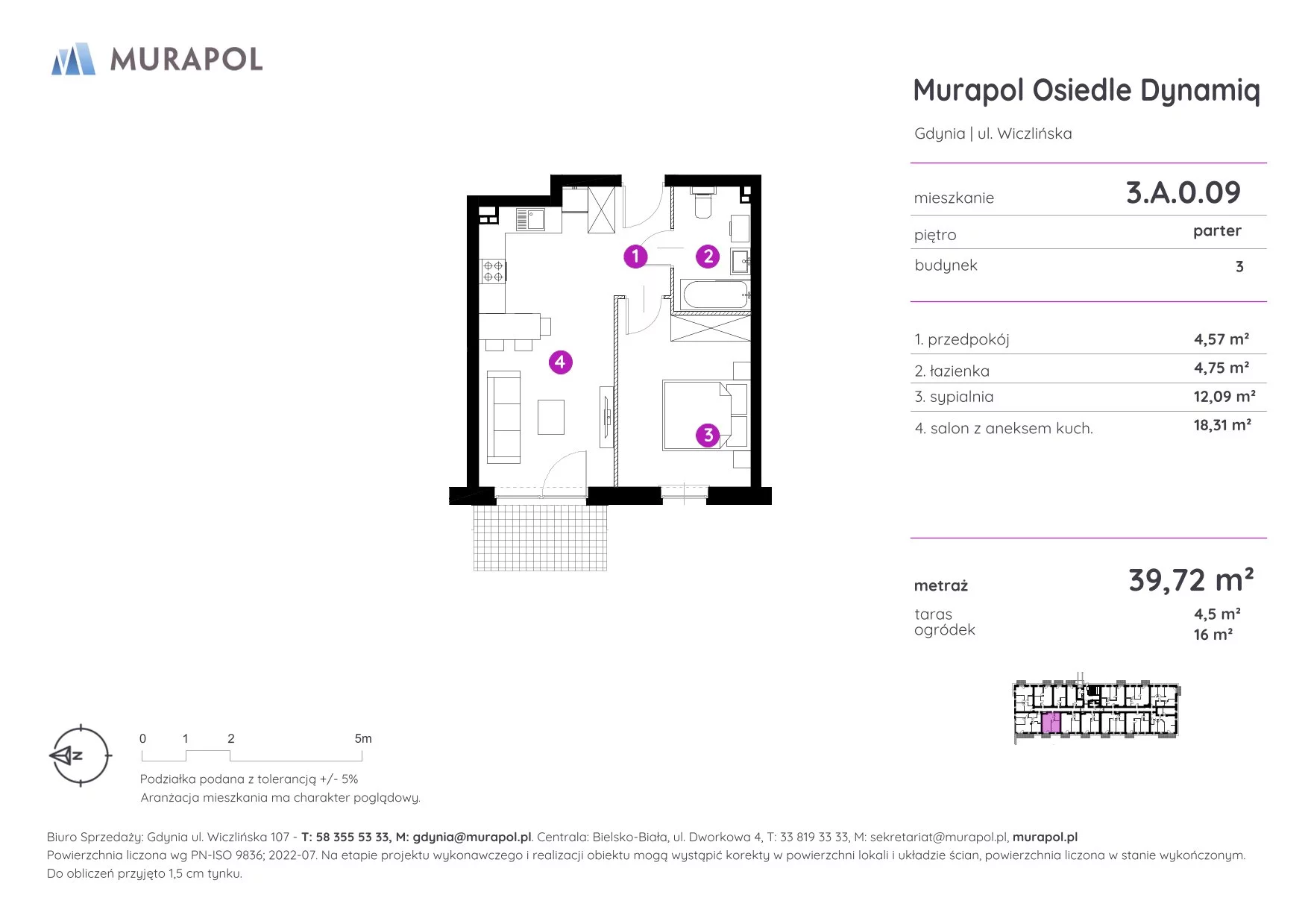 Mieszkanie 39,72 m², parter, oferta nr 3.A.0.09, Murapol Osiedle Dynamiq, Gdynia, Chwarzno-Wiczlino, ul. Wiczlińska