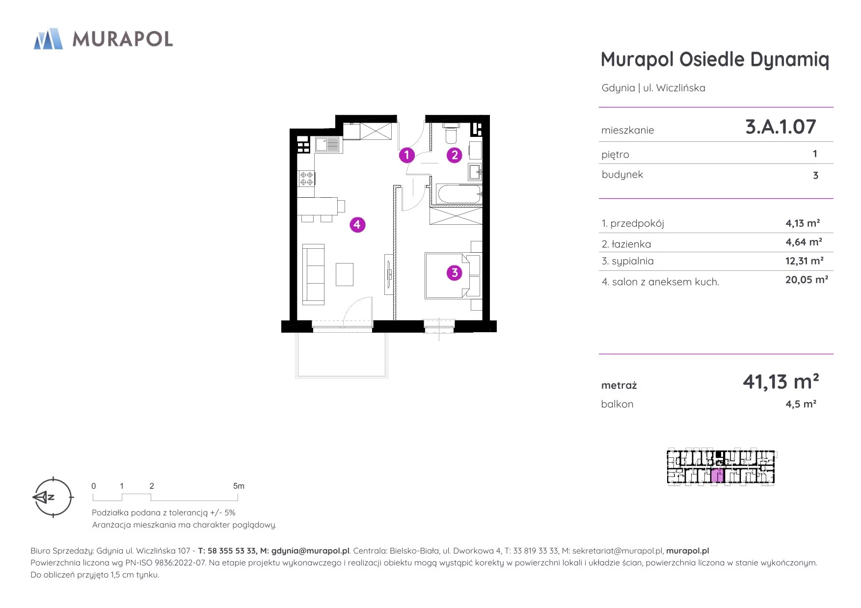 Mieszkanie 41,13 m², piętro 1, oferta nr 3.A.1.07, Murapol Osiedle Dynamiq, Gdynia, Chwarzno-Wiczlino, ul. Wiczlińska