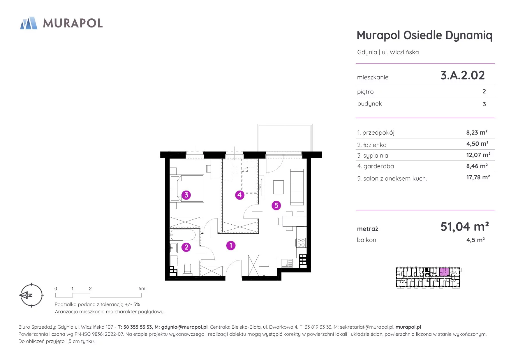 Mieszkanie 51,04 m², piętro 2, oferta nr 3.A.2.02, Murapol Osiedle Dynamiq, Gdynia, Chwarzno-Wiczlino, ul. Wiczlińska