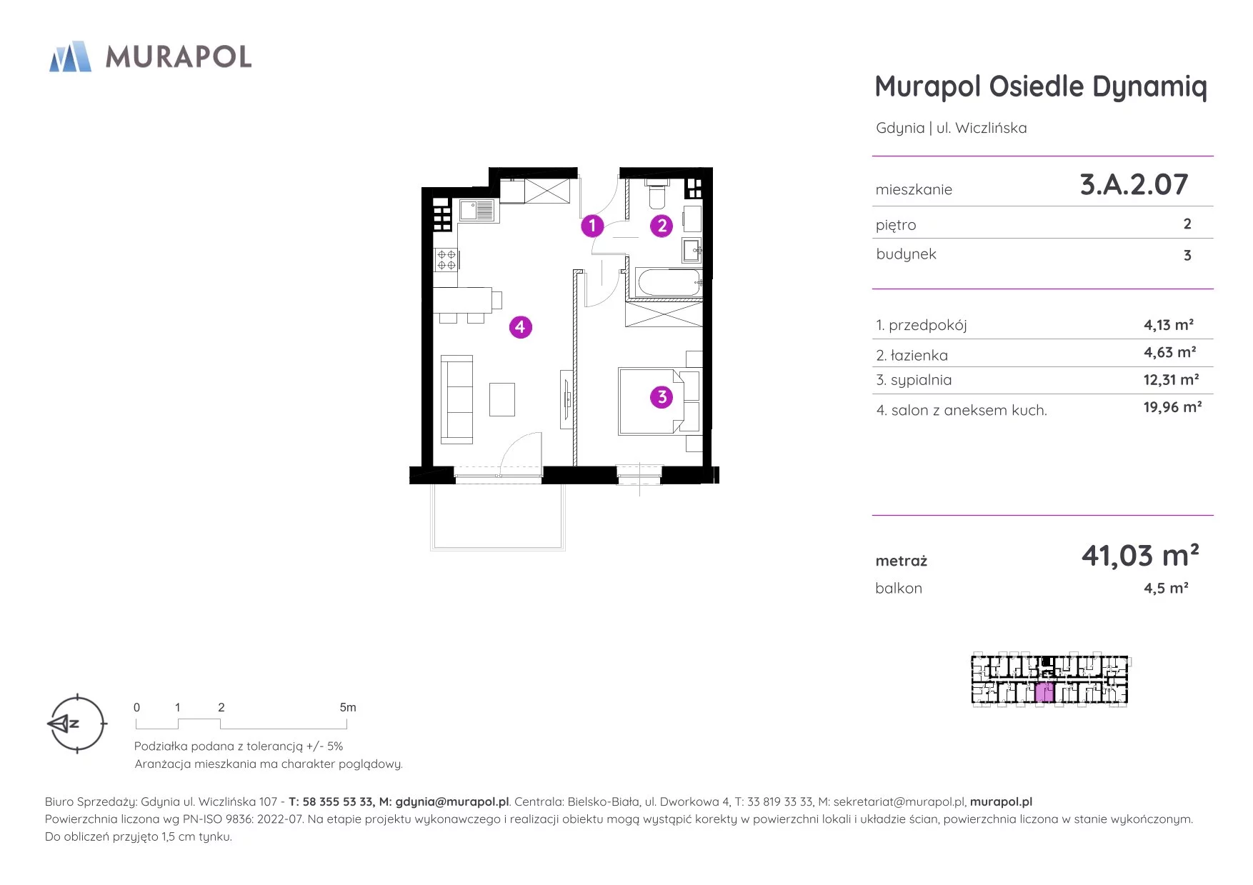 Mieszkanie 41,03 m², piętro 2, oferta nr 3.A.2.07, Murapol Osiedle Dynamiq, Gdynia, Chwarzno-Wiczlino, ul. Wiczlińska