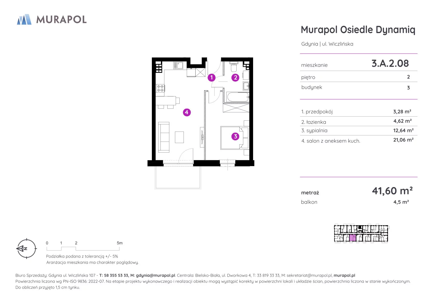 Mieszkanie 41,60 m², piętro 2, oferta nr 3.A.2.08, Murapol Osiedle Dynamiq, Gdynia, Chwarzno-Wiczlino, ul. Wiczlińska