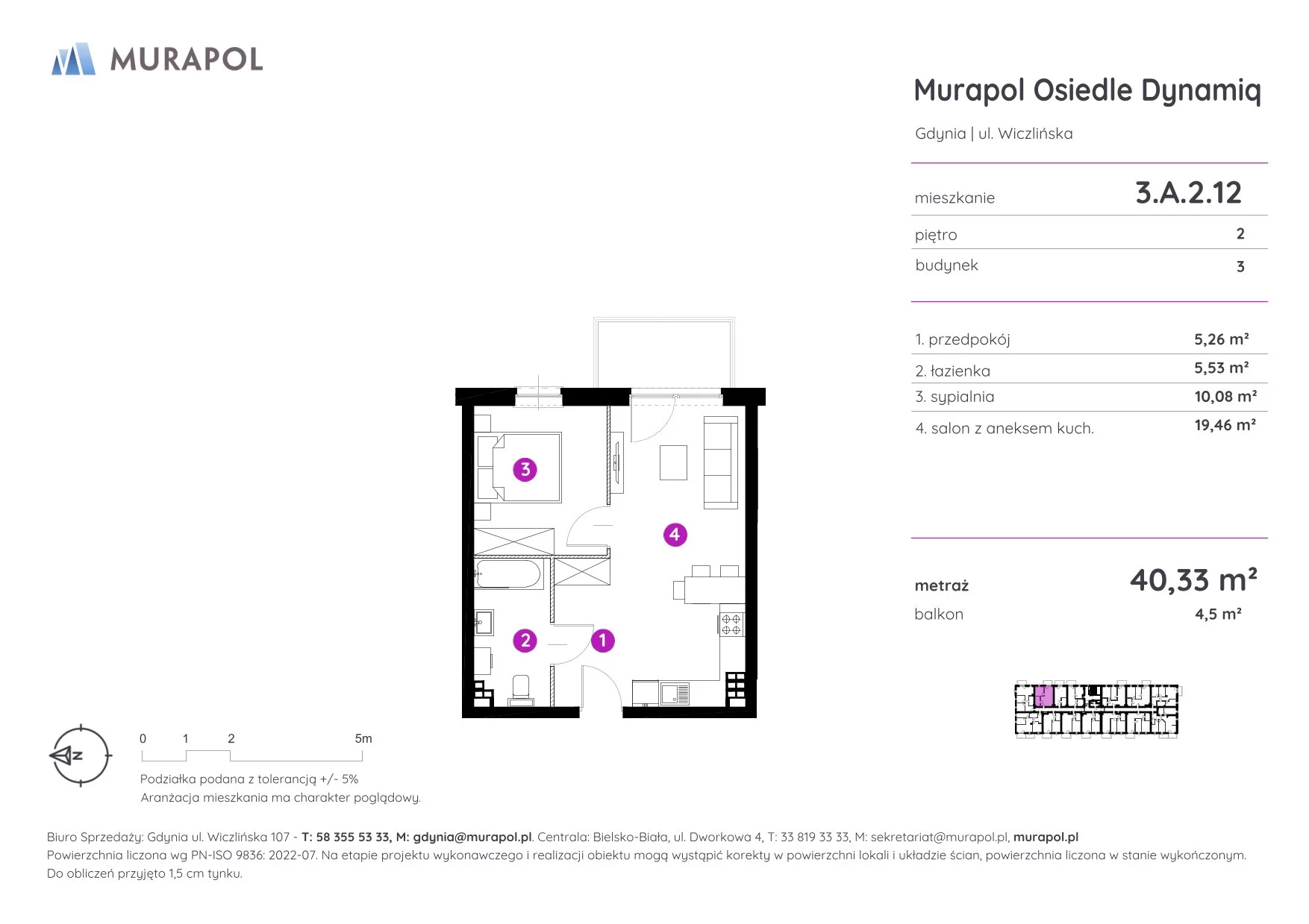 Mieszkanie 40,33 m², piętro 2, oferta nr 3.A.2.12, Murapol Osiedle Dynamiq, Gdynia, Chwarzno-Wiczlino, ul. Wiczlińska