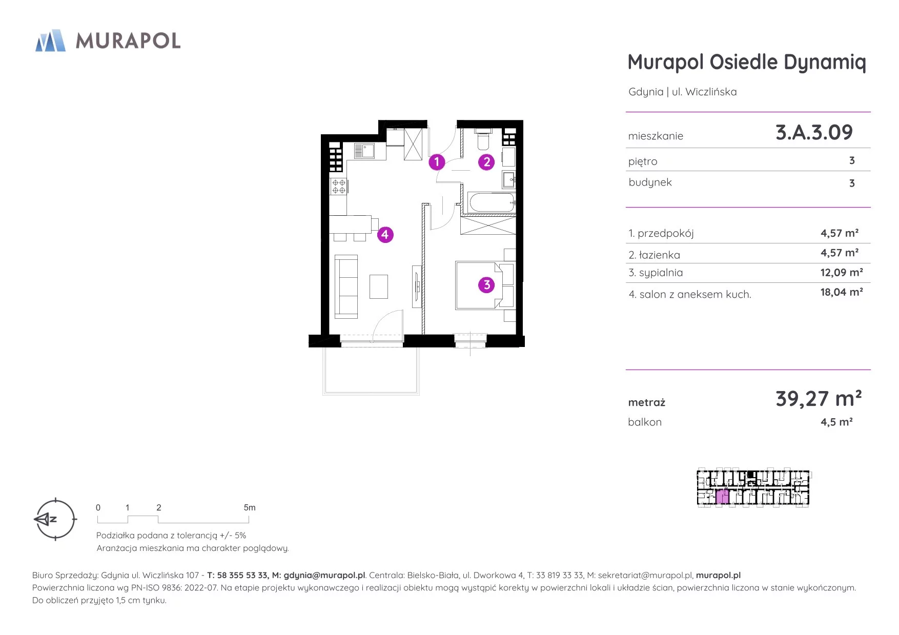 Mieszkanie 39,27 m², piętro 3, oferta nr 3.A.3.09, Murapol Osiedle Dynamiq, Gdynia, Chwarzno-Wiczlino, ul. Wiczlińska