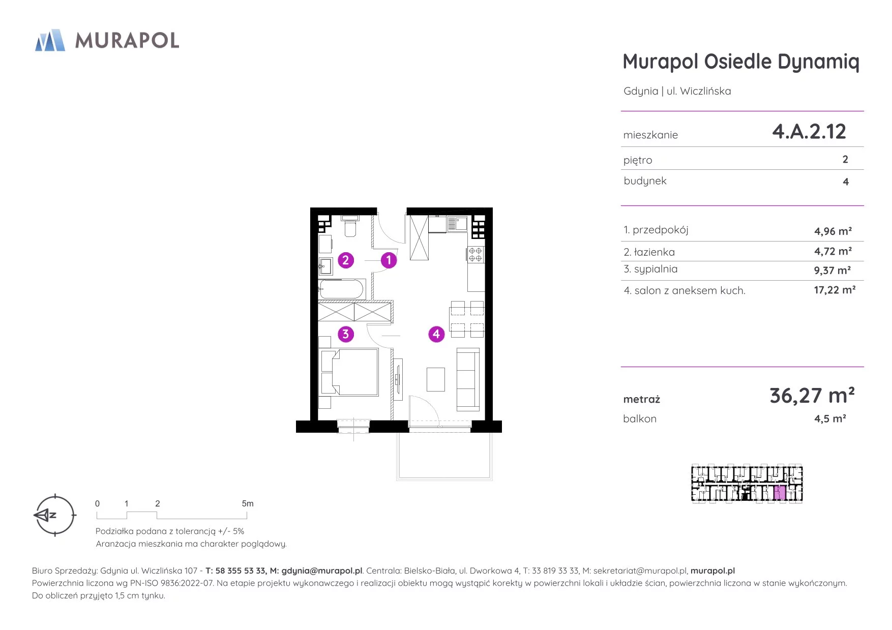 Mieszkanie 36,27 m², piętro 2, oferta nr 4.A.2.12, Murapol Osiedle Dynamiq, Gdynia, Chwarzno-Wiczlino, ul. Wiczlińska