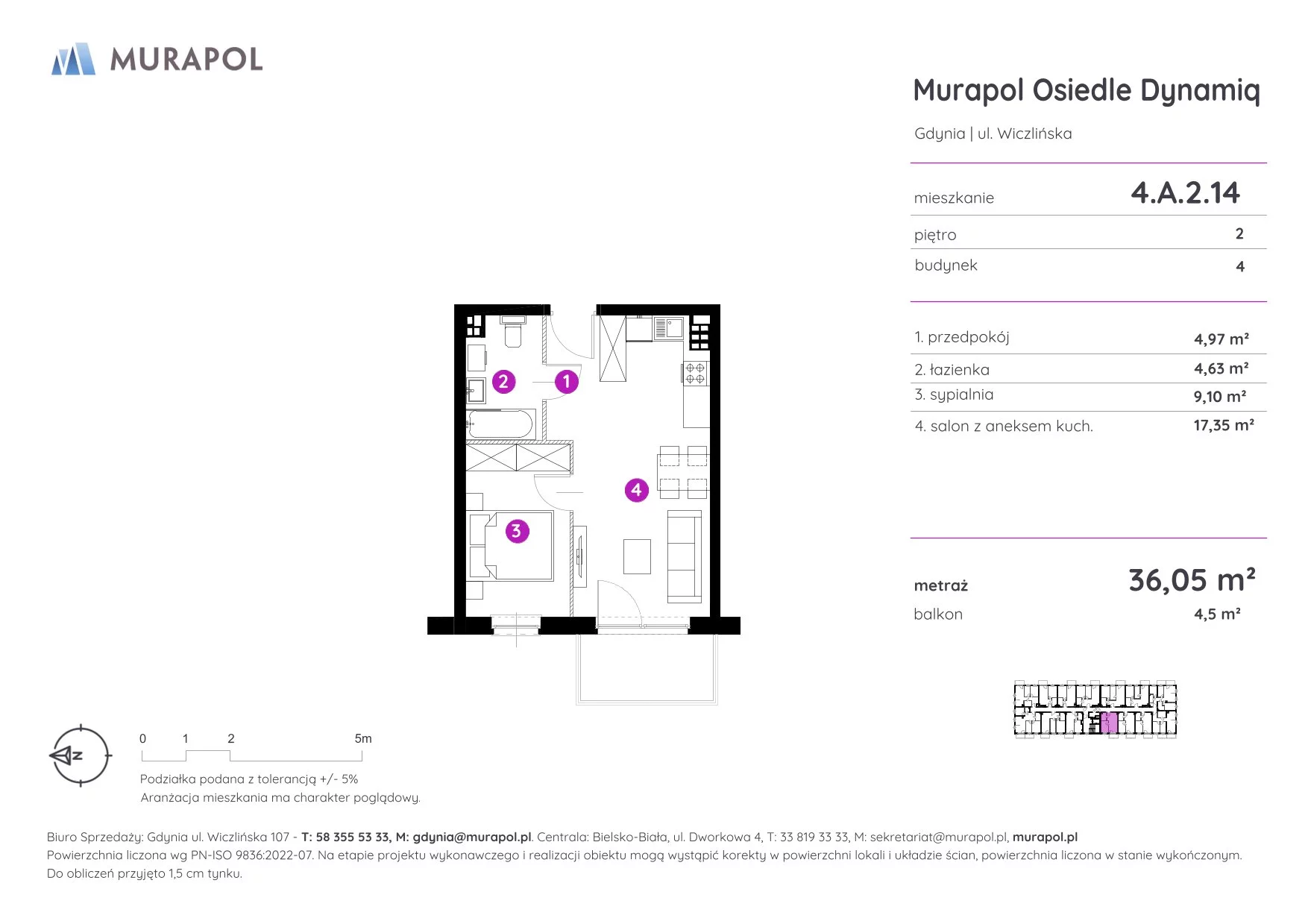 Mieszkanie 36,05 m², piętro 2, oferta nr 4.A.2.14, Murapol Osiedle Dynamiq, Gdynia, Chwarzno-Wiczlino, ul. Wiczlińska