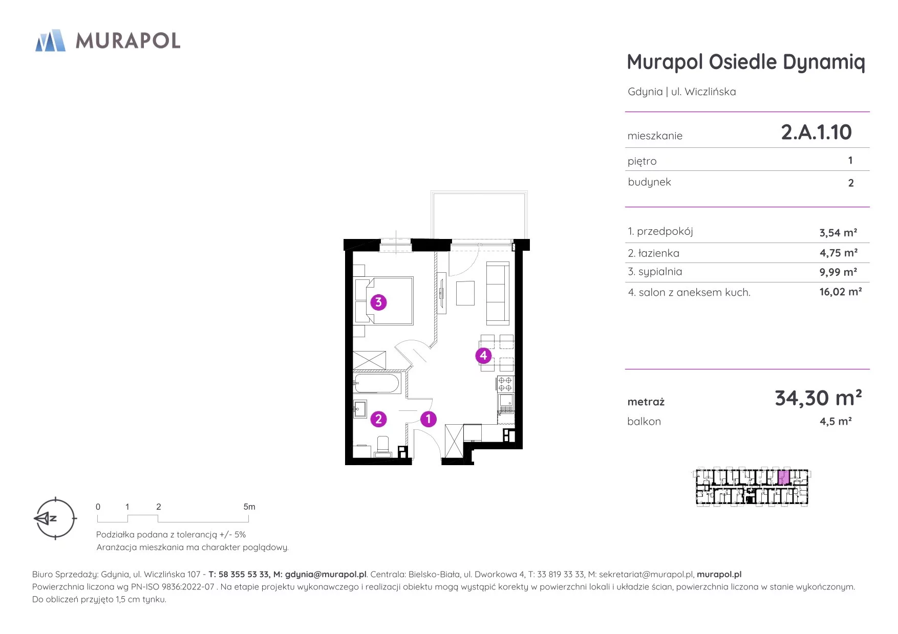 2 pokoje, mieszkanie 34,30 m², piętro 1, oferta nr 2.A.1.10, Murapol Osiedle Dynamiq, Gdynia, Chwarzno-Wiczlino, ul. Wiczlińska