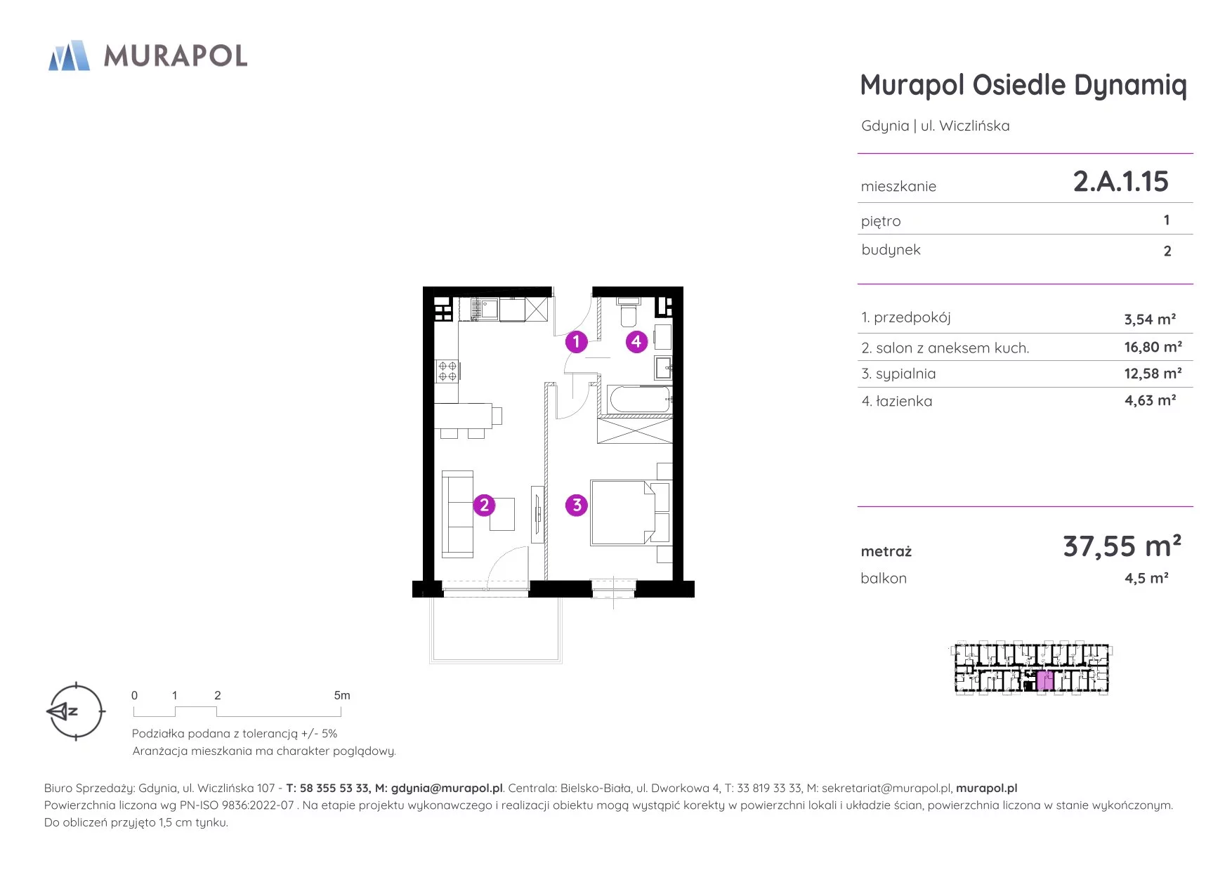 2 pokoje, mieszkanie 37,55 m², piętro 1, oferta nr 2.A.1.15, Murapol Osiedle Dynamiq, Gdynia, Chwarzno-Wiczlino, ul. Wiczlińska