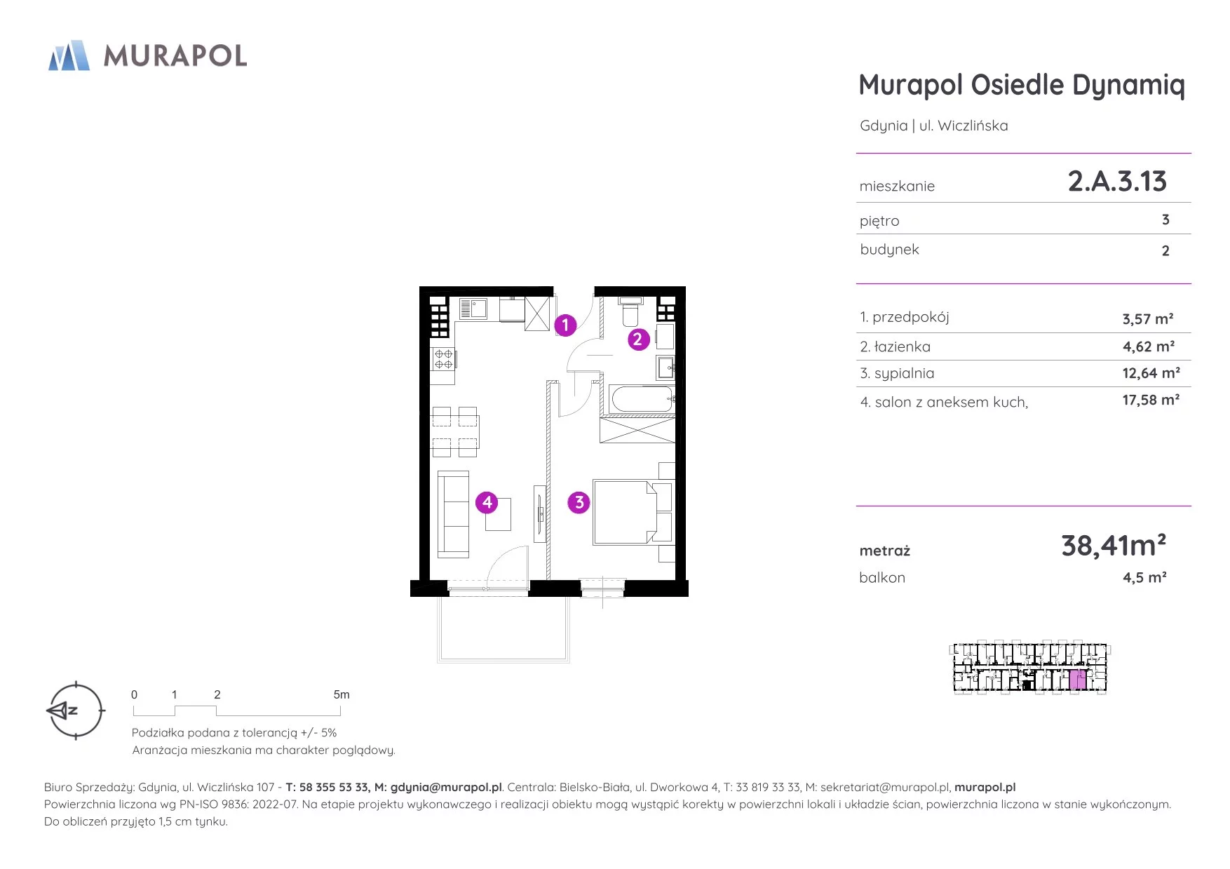 2 pokoje, mieszkanie 38,41 m², piętro 3, oferta nr 2.A.3.13, Murapol Osiedle Dynamiq, Gdynia, Chwarzno-Wiczlino, ul. Wiczlińska