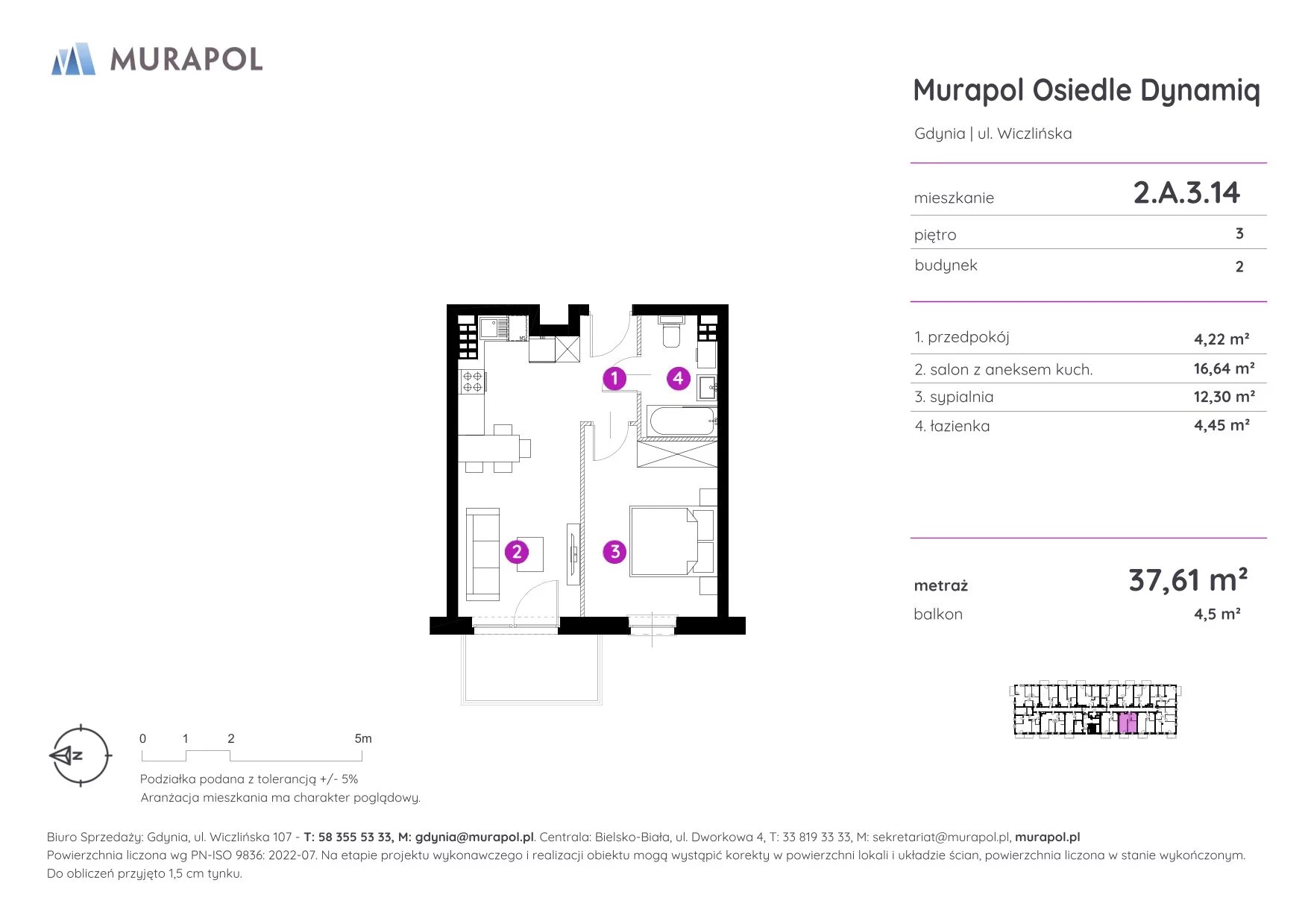 2 pokoje, mieszkanie 37,61 m², piętro 3, oferta nr 2.A.3.14, Murapol Osiedle Dynamiq, Gdynia, Chwarzno-Wiczlino, ul. Wiczlińska