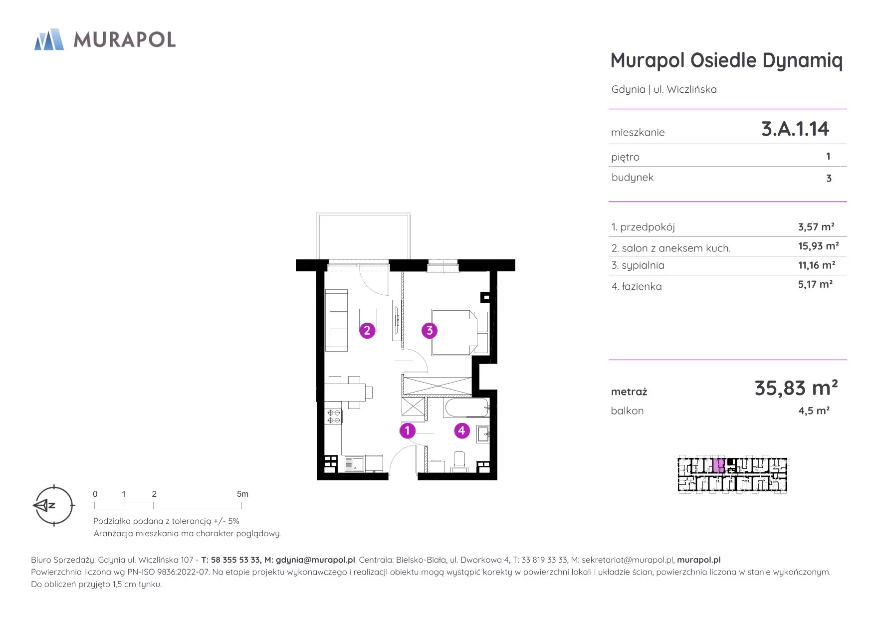 2 pokoje, mieszkanie 35,83 m², piętro 1, oferta nr 3.A.1.14, Murapol Osiedle Dynamiq, Gdynia, Chwarzno-Wiczlino, ul. Wiczlińska