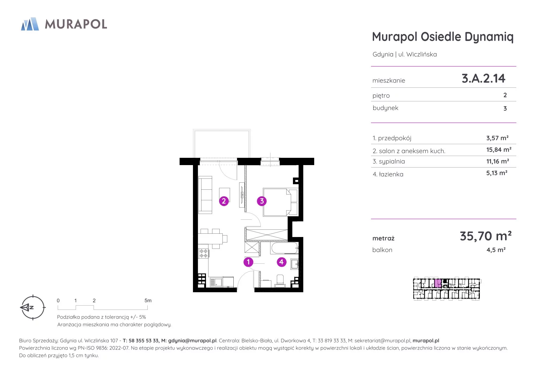 2 pokoje, mieszkanie 35,70 m², piętro 2, oferta nr 3.A.2.14, Murapol Osiedle Dynamiq, Gdynia, Chwarzno-Wiczlino, ul. Wiczlińska
