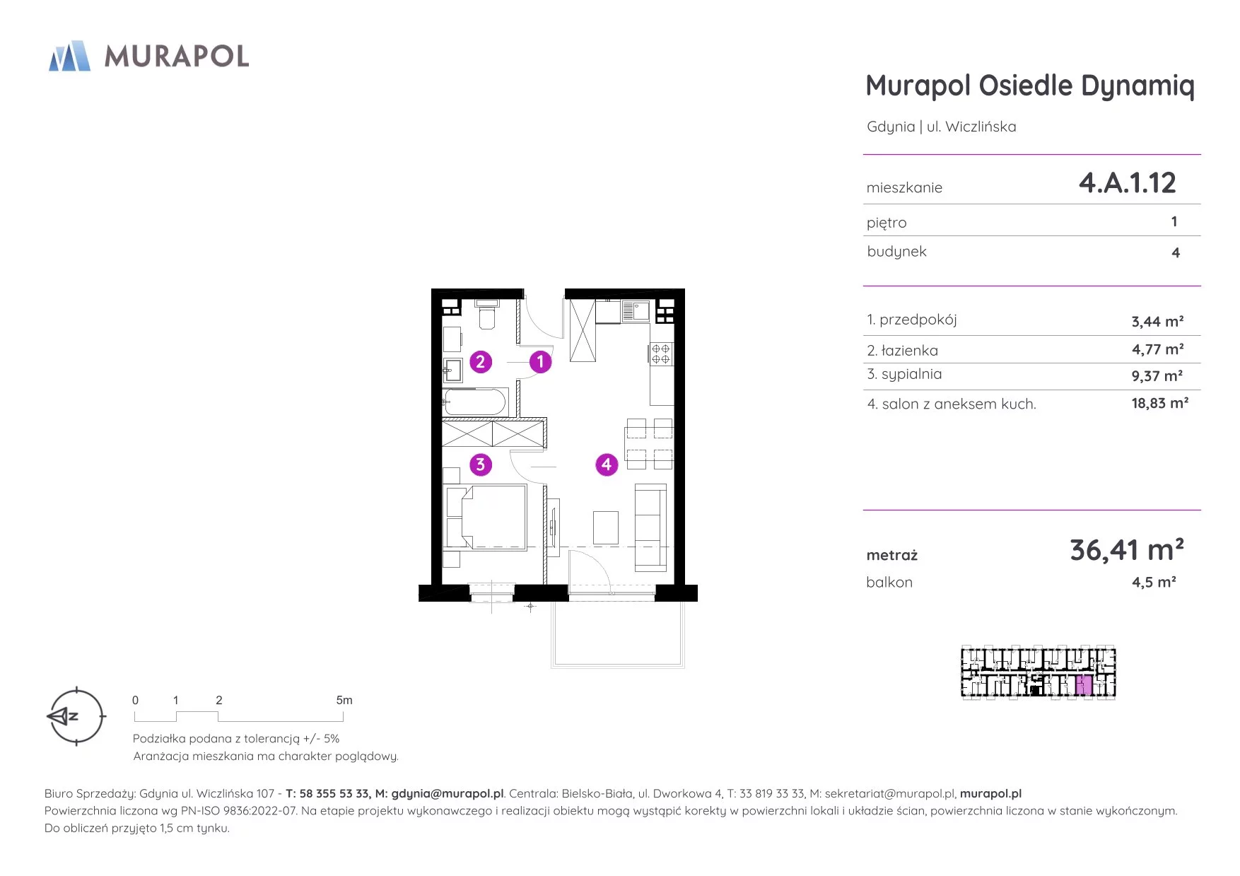 2 pokoje, mieszkanie 36,41 m², piętro 1, oferta nr 4.A.1.12, Murapol Osiedle Dynamiq, Gdynia, Chwarzno-Wiczlino, ul. Wiczlińska