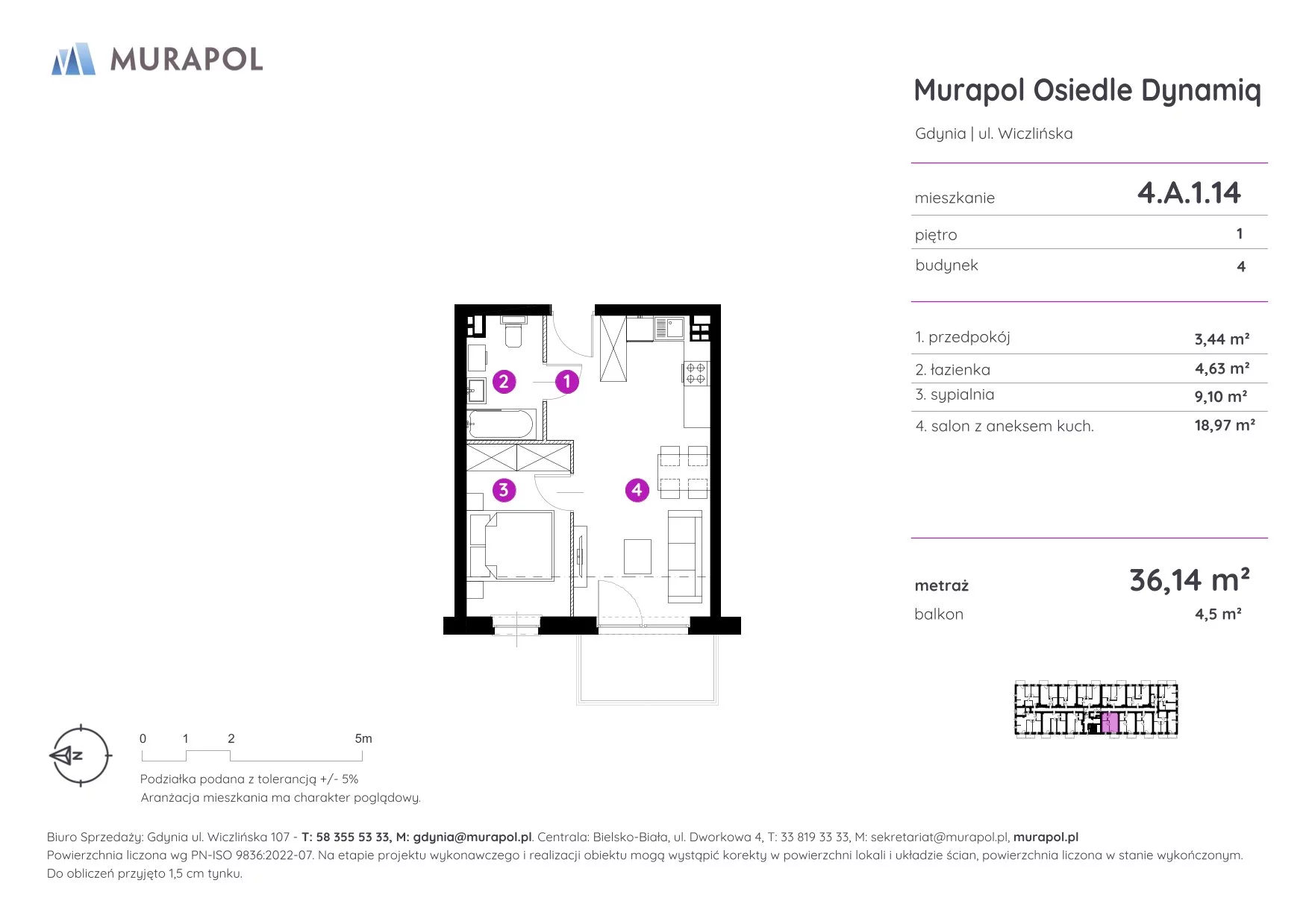 2 pokoje, mieszkanie 36,14 m², piętro 1, oferta nr 4.A.1.14, Murapol Osiedle Dynamiq, Gdynia, Chwarzno-Wiczlino, ul. Wiczlińska