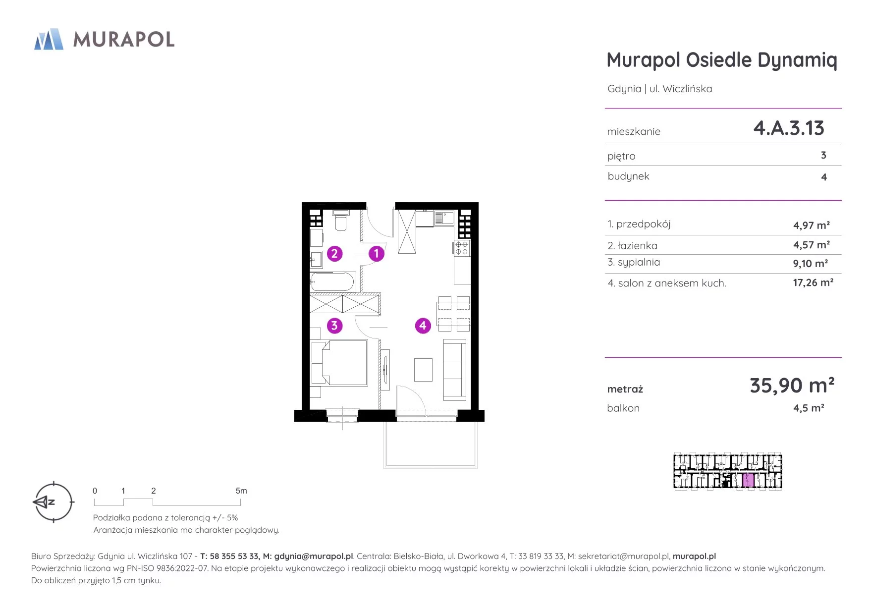 2 pokoje, mieszkanie 35,90 m², piętro 3, oferta nr 4.A.3.13, Murapol Osiedle Dynamiq, Gdynia, Chwarzno-Wiczlino, ul. Wiczlińska