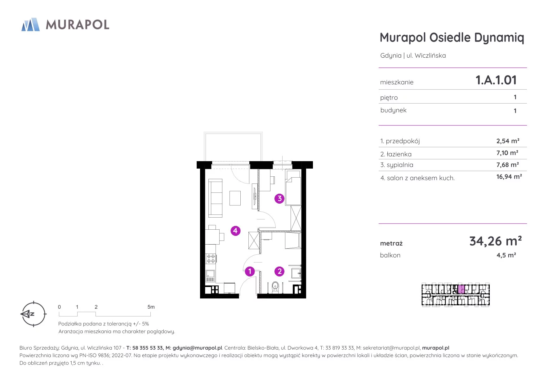 2 pokoje, mieszkanie 34,26 m², piętro 1, oferta nr 1.A.1.01, Murapol Osiedle Dynamiq, Gdynia, Chwarzno-Wiczlino, ul. Wiczlińska
