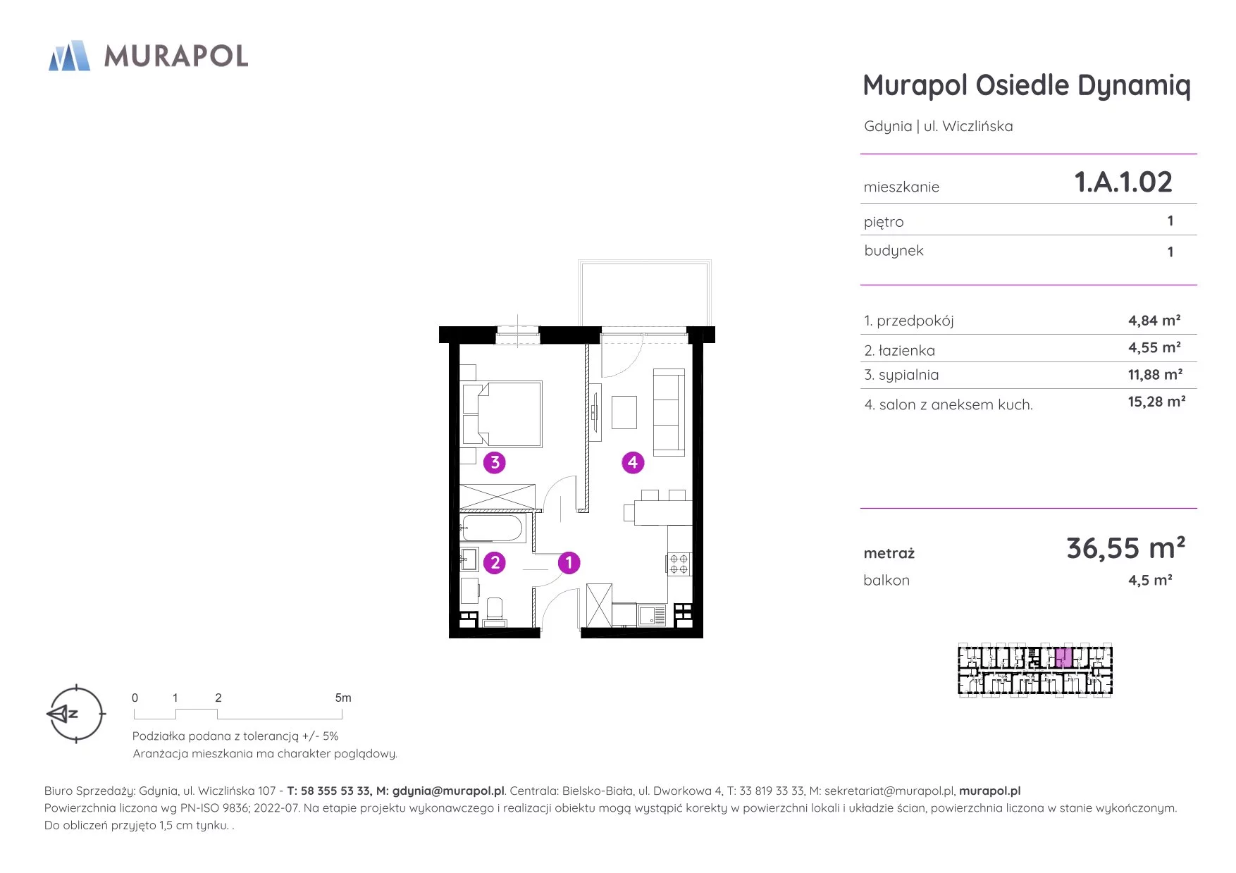 2 pokoje, mieszkanie 36,55 m², piętro 1, oferta nr 1.A.1.02, Murapol Osiedle Dynamiq, Gdynia, Chwarzno-Wiczlino, ul. Wiczlińska
