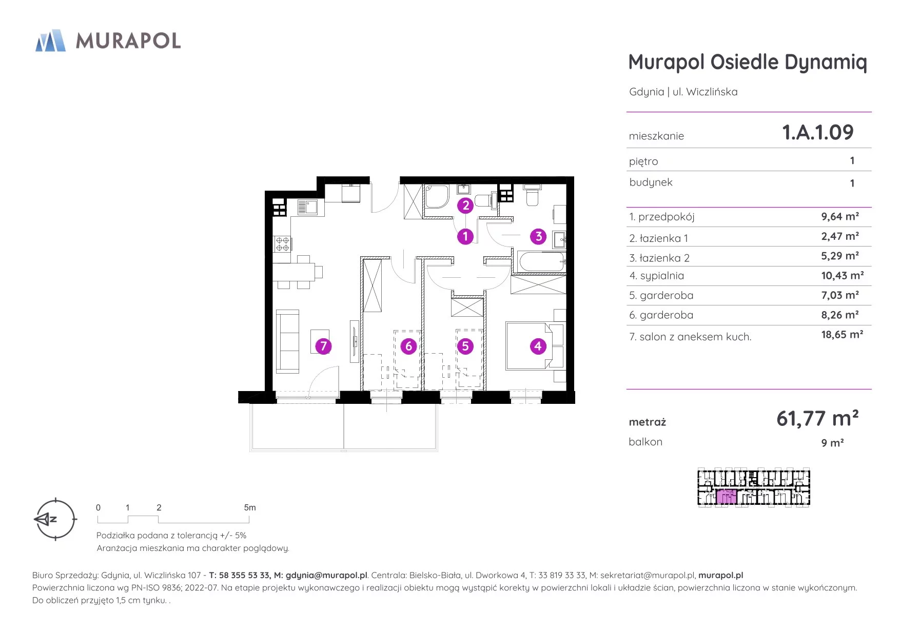 2 pokoje, mieszkanie 61,77 m², piętro 1, oferta nr 1.A.1.09, Murapol Osiedle Dynamiq, Gdynia, Chwarzno-Wiczlino, ul. Wiczlińska
