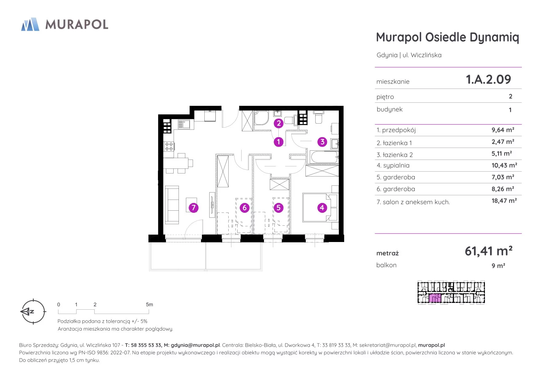 2 pokoje, mieszkanie 61,41 m², piętro 2, oferta nr 1.A.2.09, Murapol Osiedle Dynamiq, Gdynia, Chwarzno-Wiczlino, ul. Wiczlińska