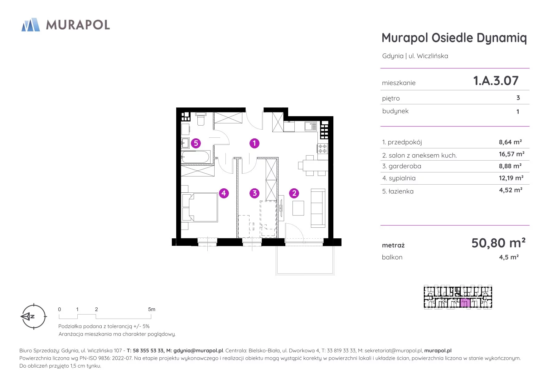 2 pokoje, mieszkanie 50,80 m², piętro 3, oferta nr 1.A.3.07, Murapol Osiedle Dynamiq, Gdynia, Chwarzno-Wiczlino, ul. Wiczlińska