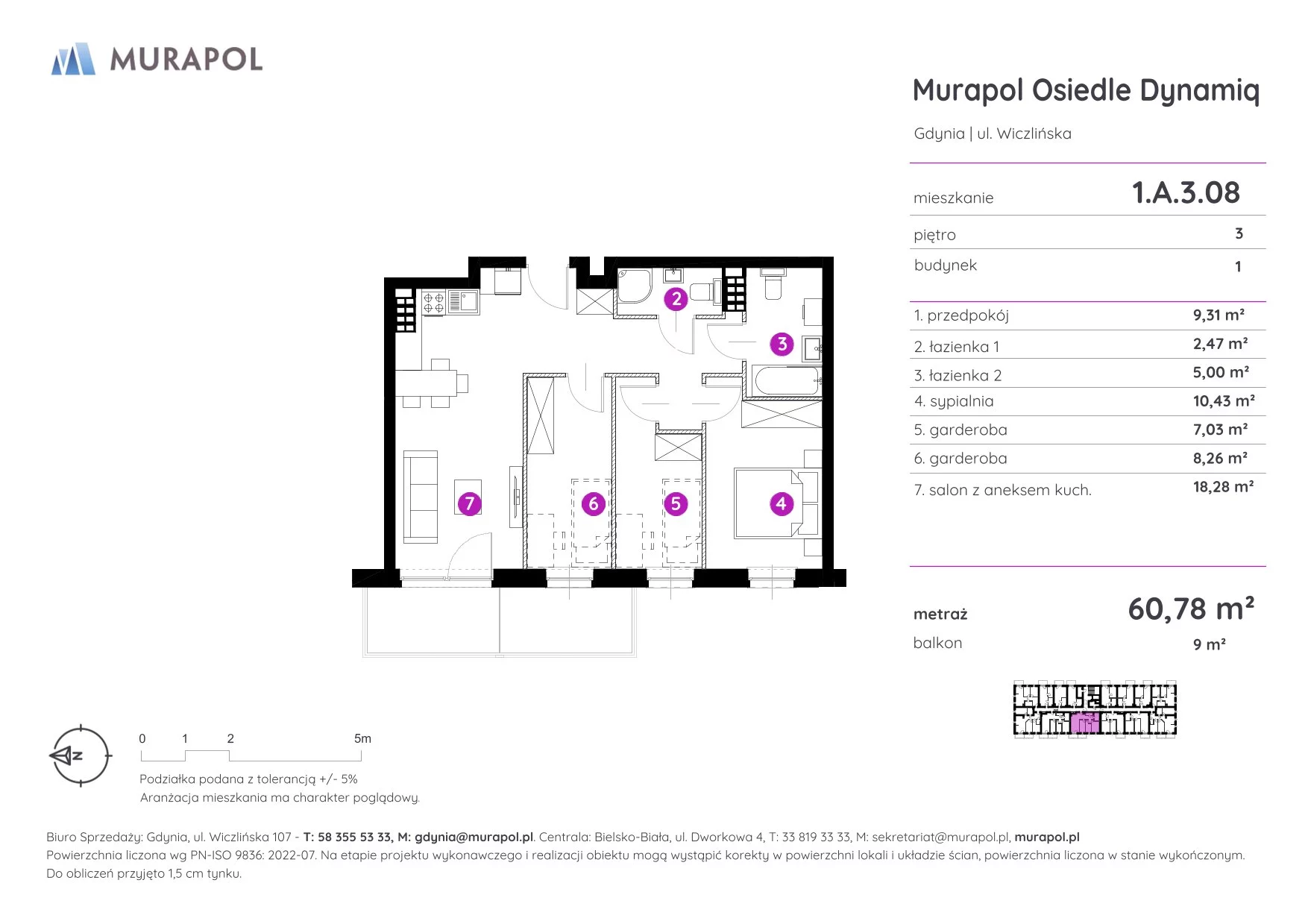 2 pokoje, mieszkanie 60,78 m², piętro 3, oferta nr 1.A.3.08, Murapol Osiedle Dynamiq, Gdynia, Chwarzno-Wiczlino, ul. Wiczlińska