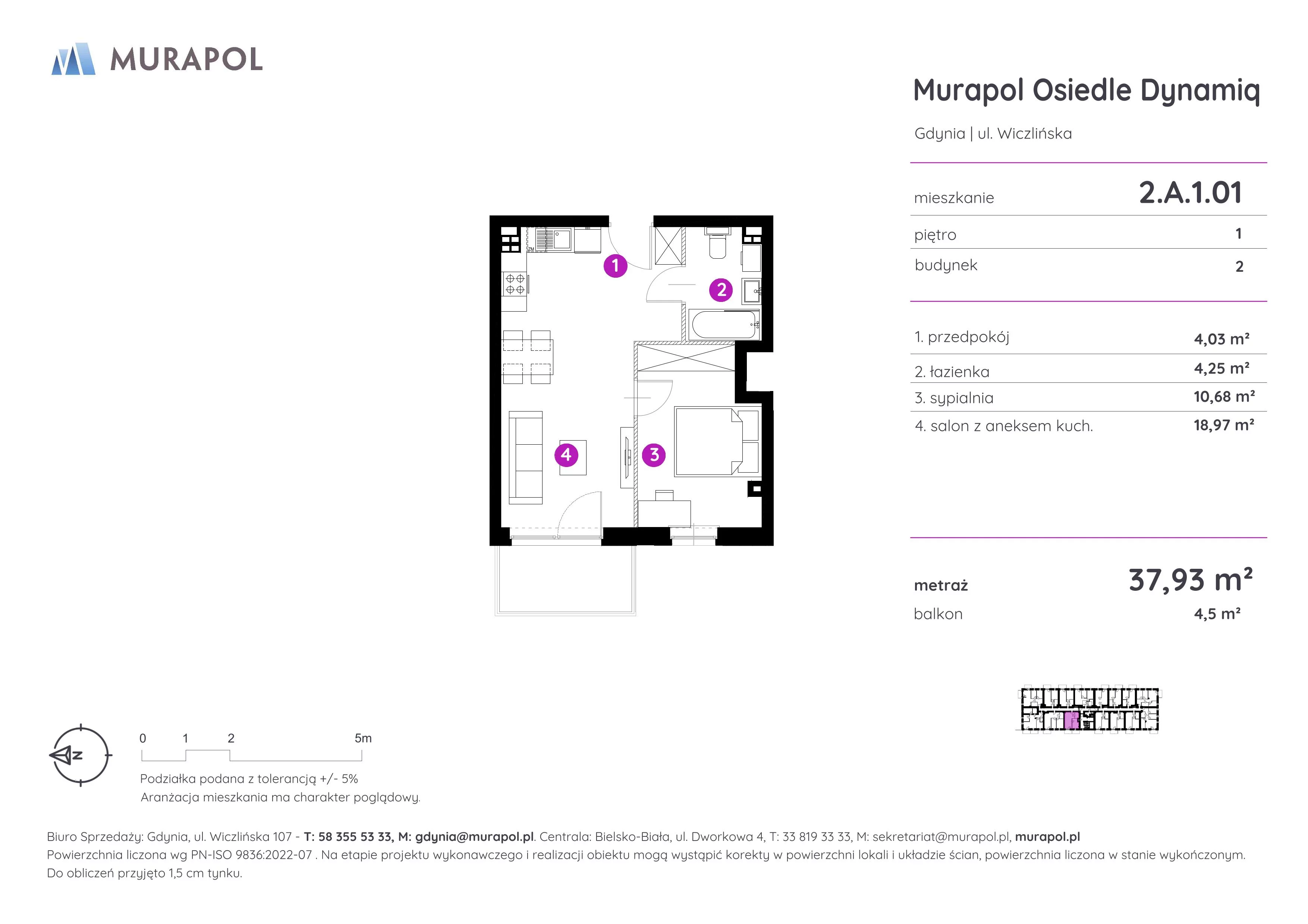 2 pokoje, mieszkanie 37,93 m², piętro 1, oferta nr 2.A.1.01, Murapol Osiedle Dynamiq, Gdynia, Chwarzno-Wiczlino, ul. Wiczlińska