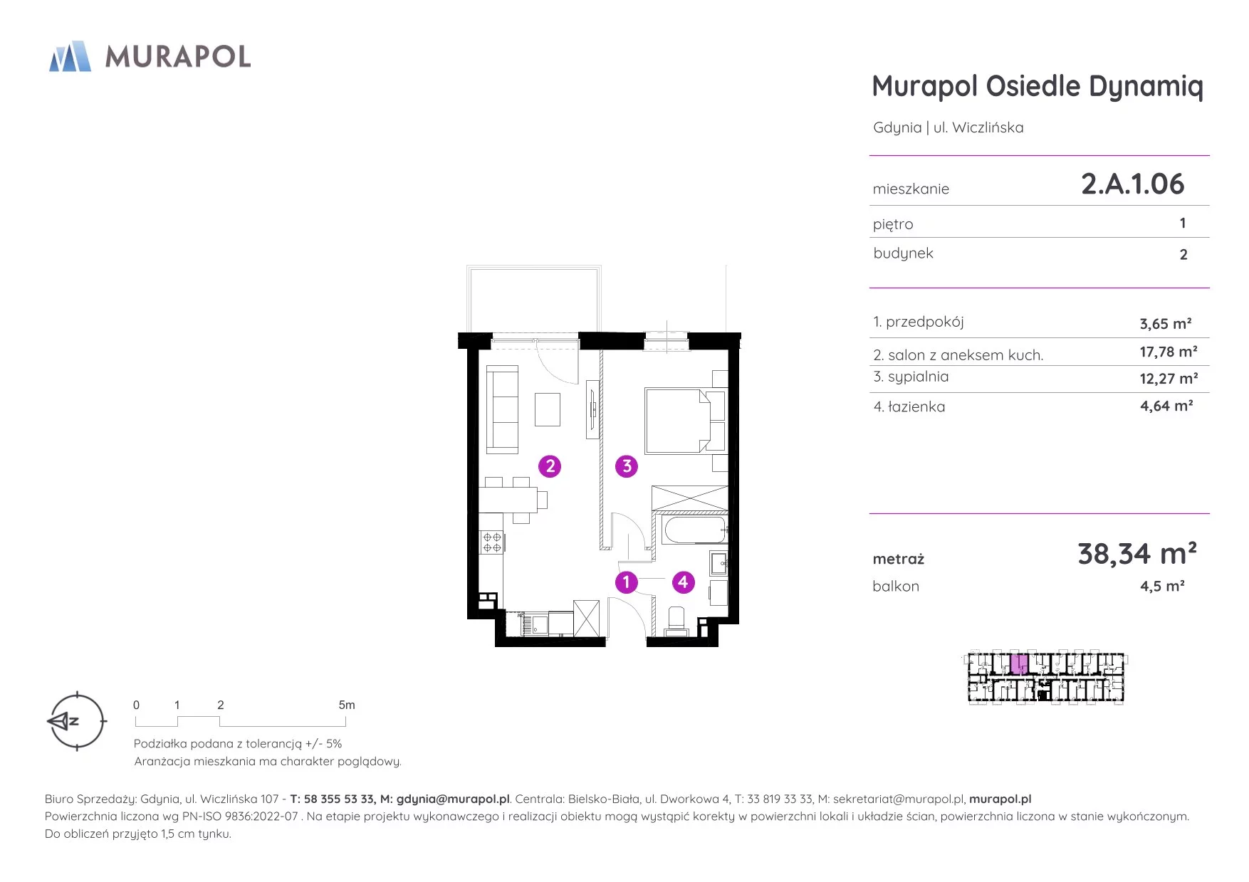 2 pokoje, mieszkanie 38,34 m², piętro 1, oferta nr 2.A.1.06, Murapol Osiedle Dynamiq, Gdynia, Chwarzno-Wiczlino, ul. Wiczlińska