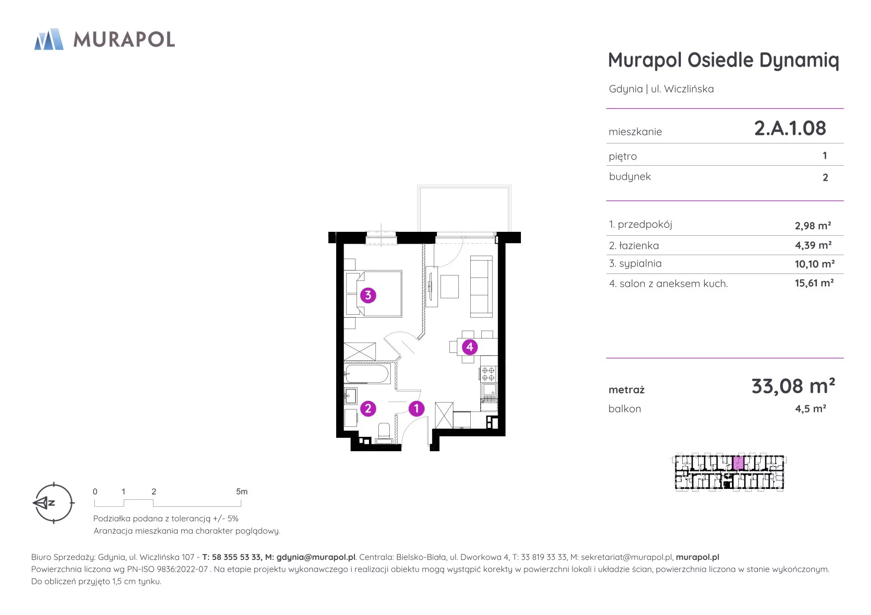 2 pokoje, mieszkanie 33,08 m², piętro 1, oferta nr 2.A.1.08, Murapol Osiedle Dynamiq, Gdynia, Chwarzno-Wiczlino, ul. Wiczlińska