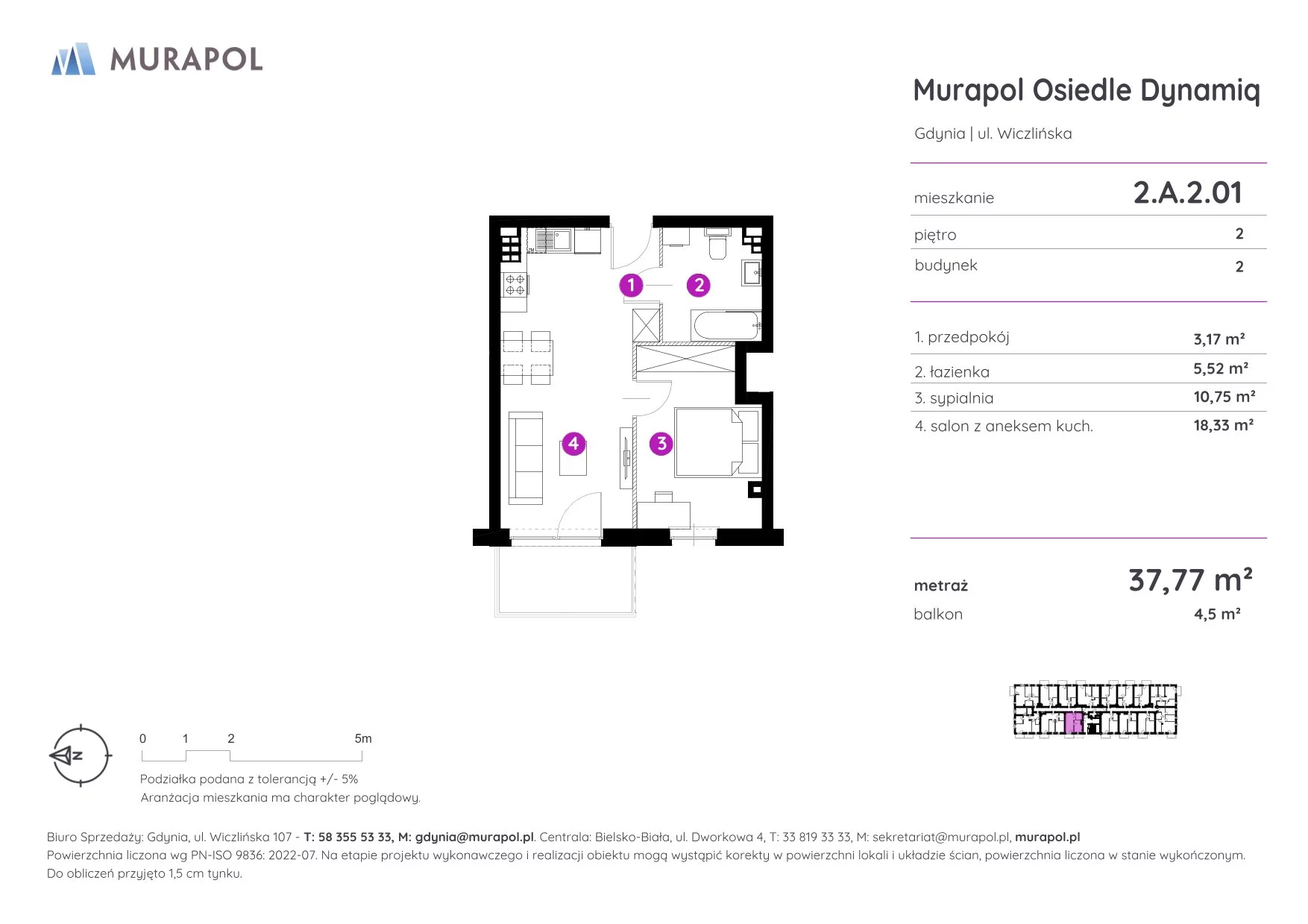 2 pokoje, mieszkanie 37,77 m², piętro 2, oferta nr 2.A.2.01, Murapol Osiedle Dynamiq, Gdynia, Chwarzno-Wiczlino, ul. Wiczlińska
