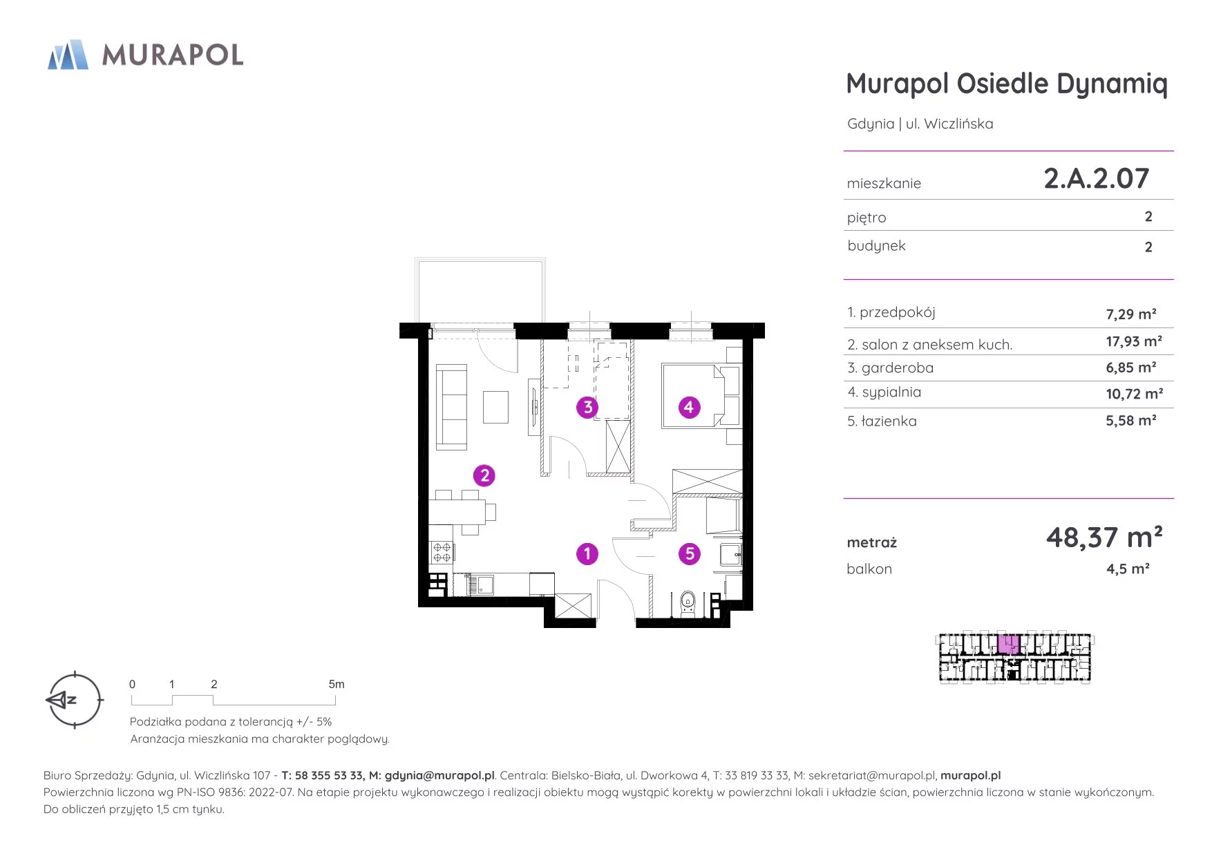 2 pokoje, mieszkanie 48,37 m², piętro 2, oferta nr 2.A.2.07, Murapol Osiedle Dynamiq, Gdynia, Chwarzno-Wiczlino, ul. Wiczlińska