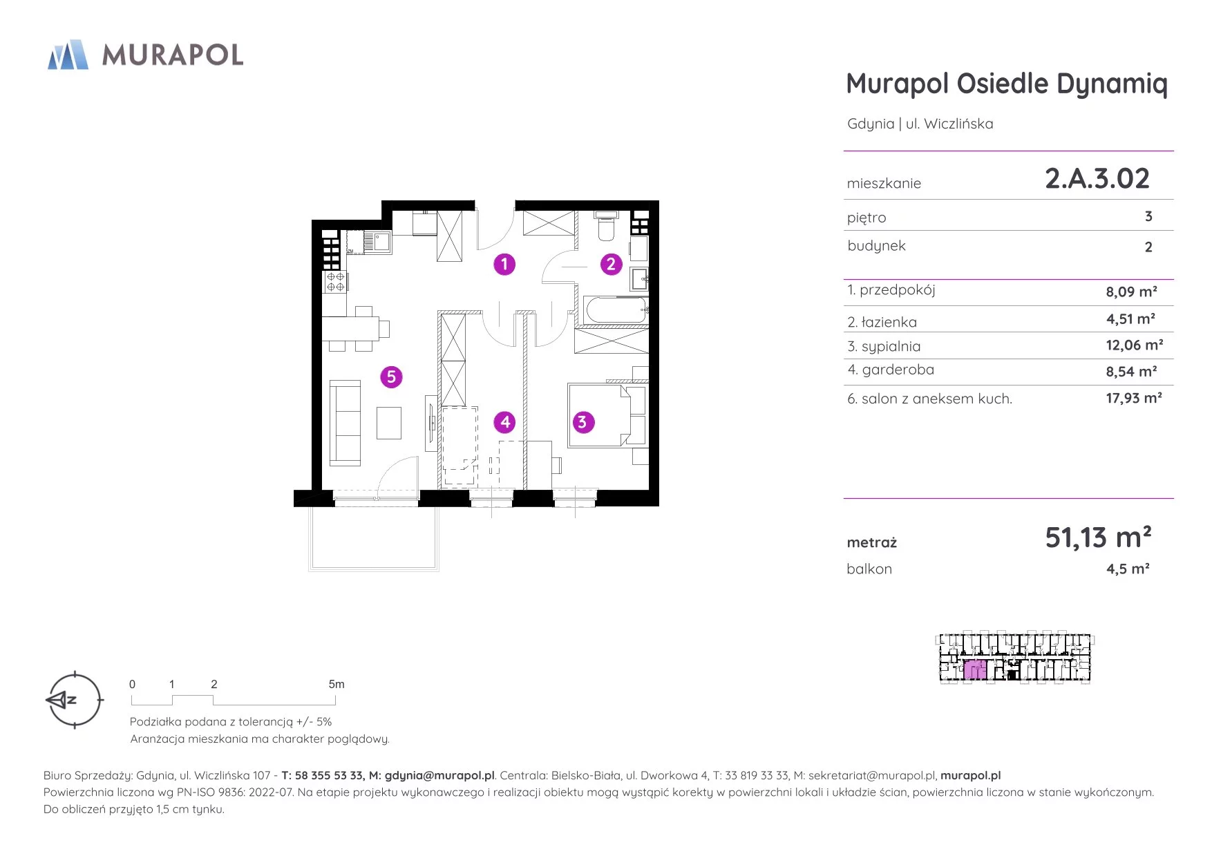 2 pokoje, mieszkanie 51,13 m², piętro 3, oferta nr 2.A.3.02, Murapol Osiedle Dynamiq, Gdynia, Chwarzno-Wiczlino, ul. Wiczlińska