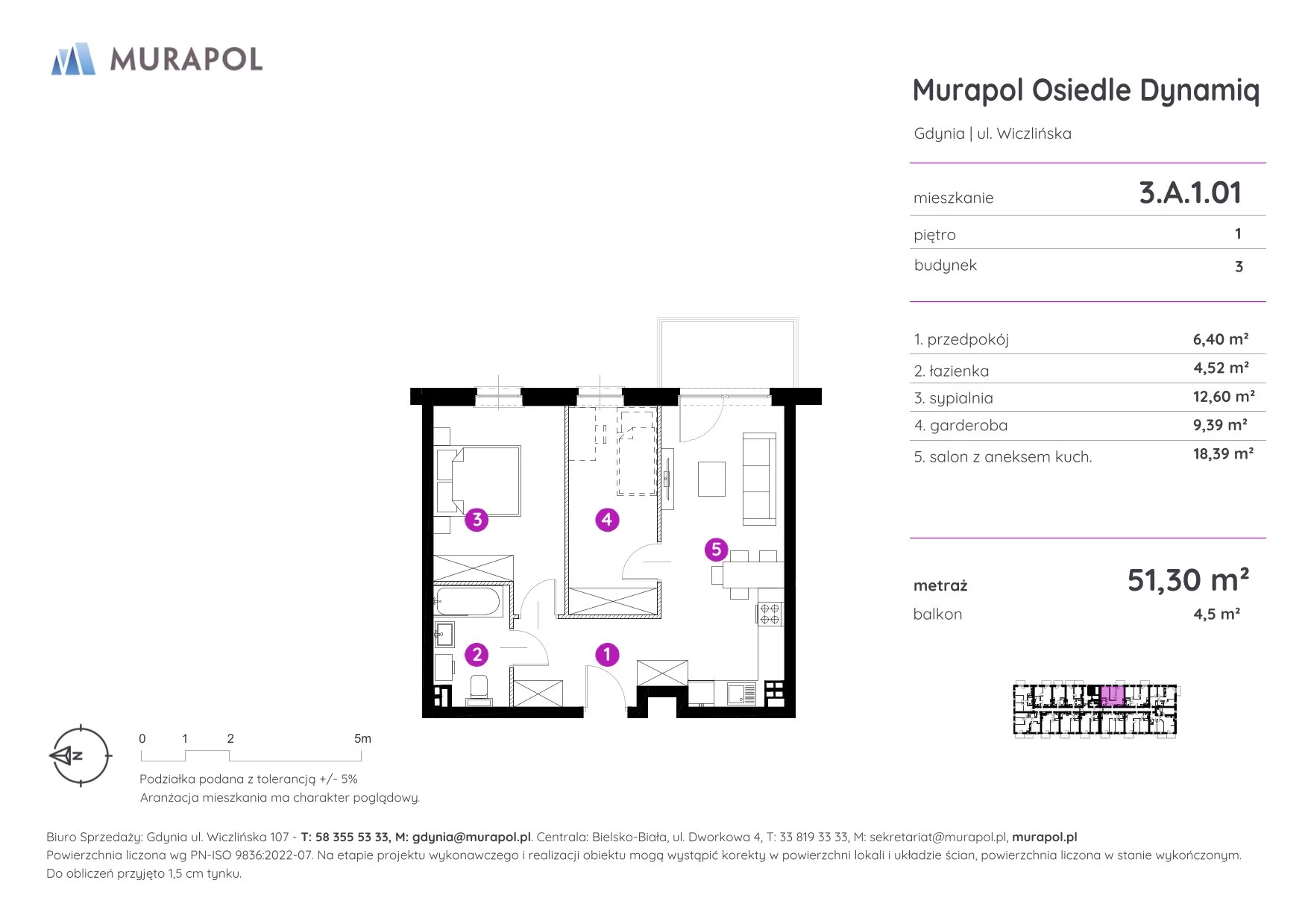 2 pokoje, mieszkanie 51,30 m², piętro 1, oferta nr 3.A.1.01, Murapol Osiedle Dynamiq, Gdynia, Chwarzno-Wiczlino, ul. Wiczlińska