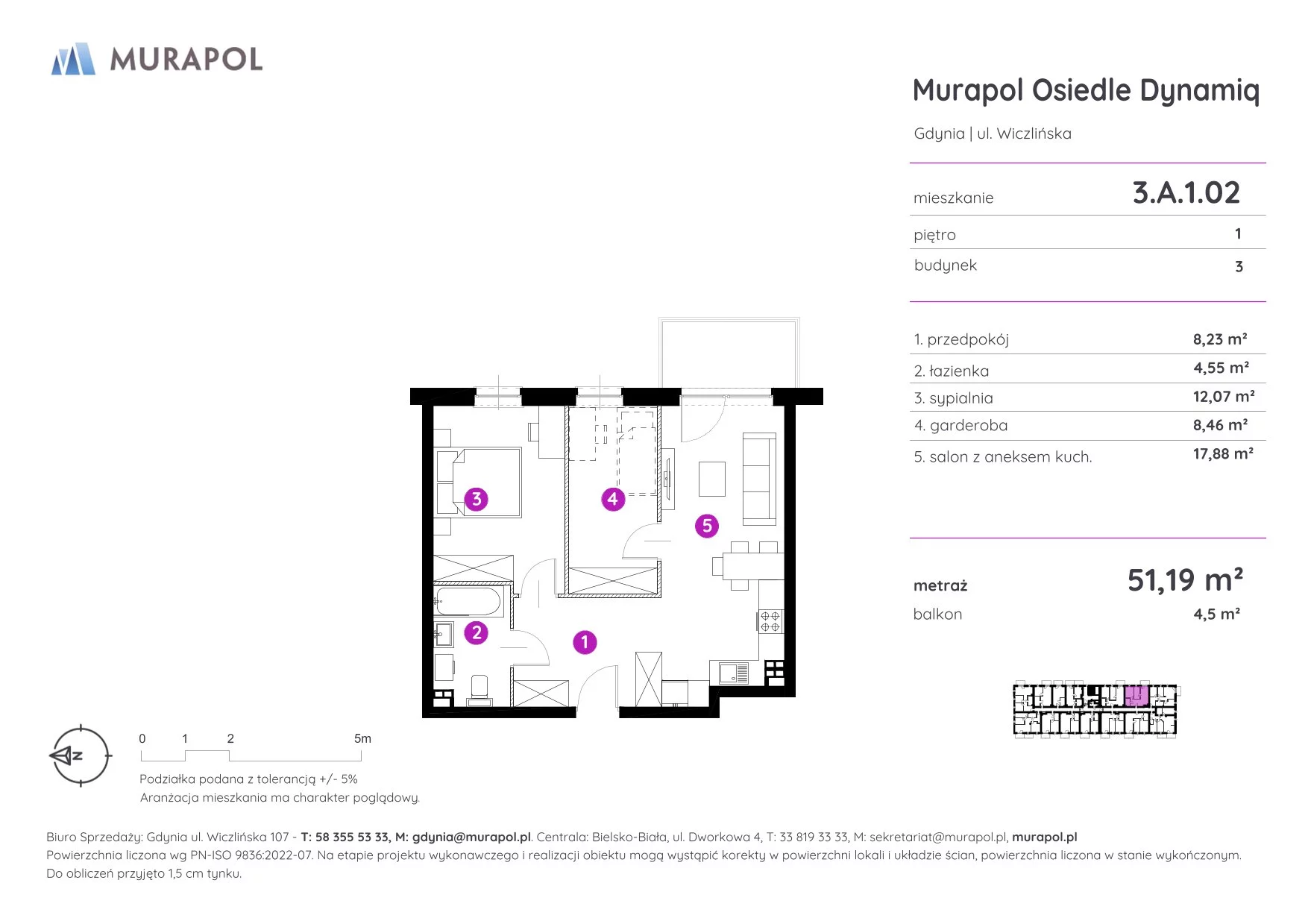 2 pokoje, mieszkanie 51,19 m², piętro 1, oferta nr 3.A.1.02, Murapol Osiedle Dynamiq, Gdynia, Chwarzno-Wiczlino, ul. Wiczlińska