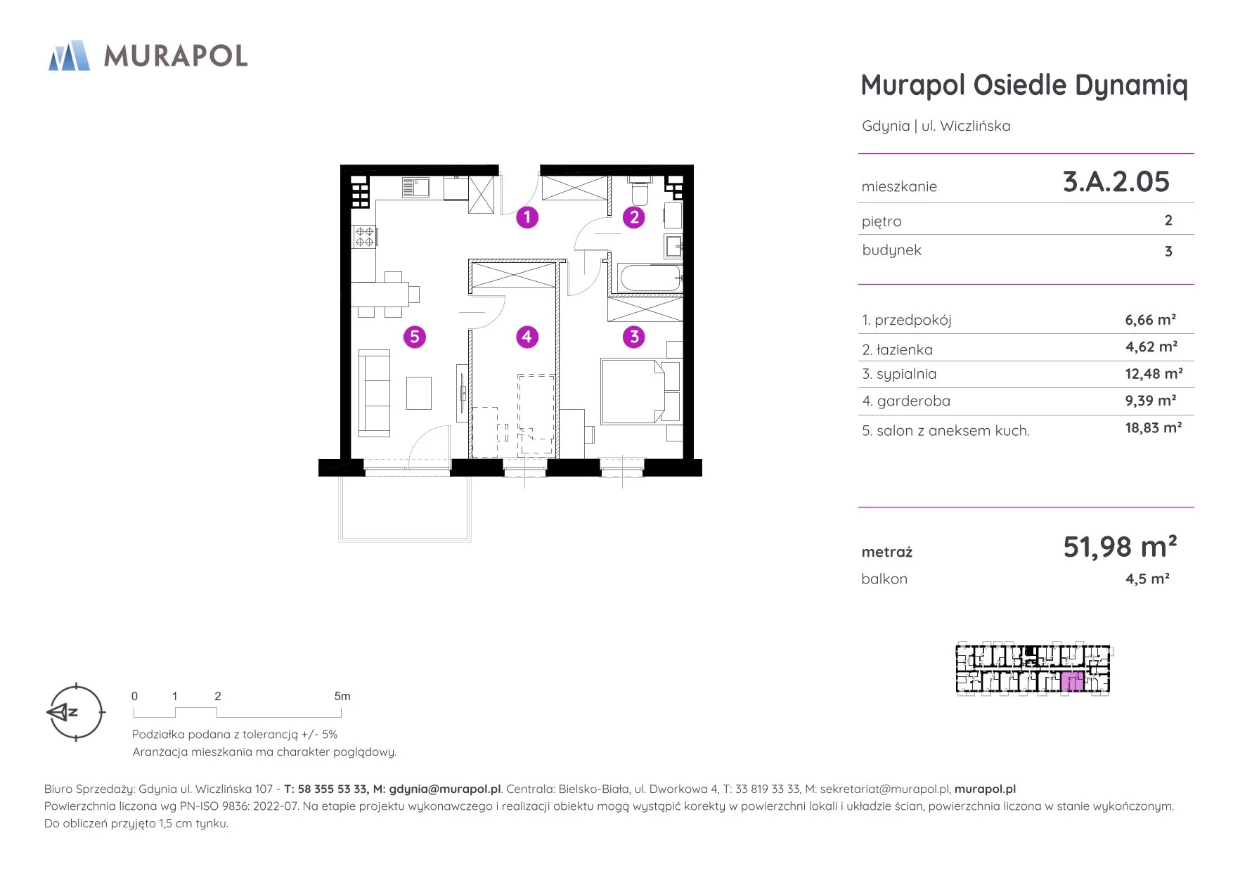 2 pokoje, mieszkanie 51,98 m², piętro 2, oferta nr 3.A.2.05, Murapol Osiedle Dynamiq, Gdynia, Chwarzno-Wiczlino, ul. Wiczlińska