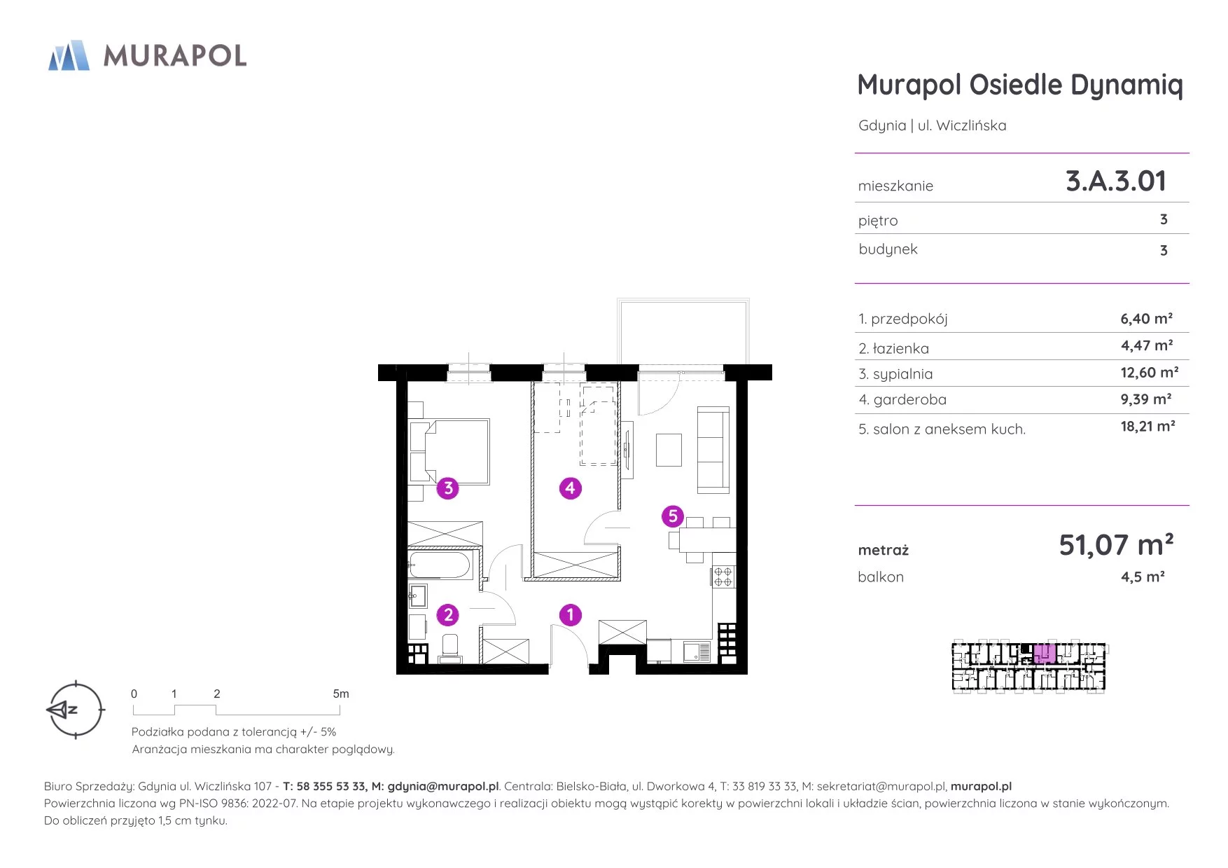 2 pokoje, mieszkanie 51,07 m², piętro 3, oferta nr 3.A.3.01, Murapol Osiedle Dynamiq, Gdynia, Chwarzno-Wiczlino, ul. Wiczlińska