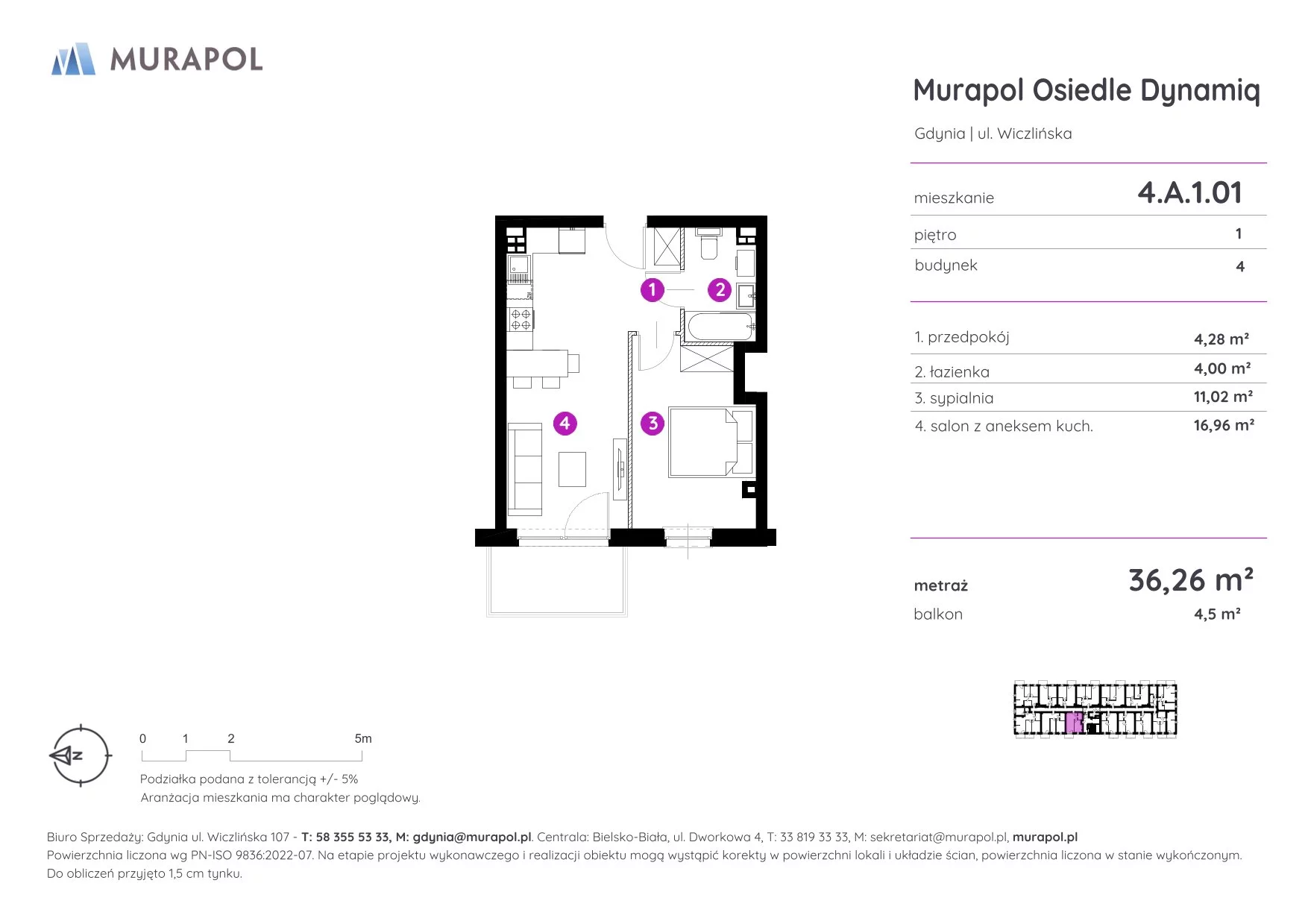 2 pokoje, mieszkanie 36,26 m², piętro 1, oferta nr 4.A.1.01, Murapol Osiedle Dynamiq, Gdynia, Chwarzno-Wiczlino, ul. Wiczlińska