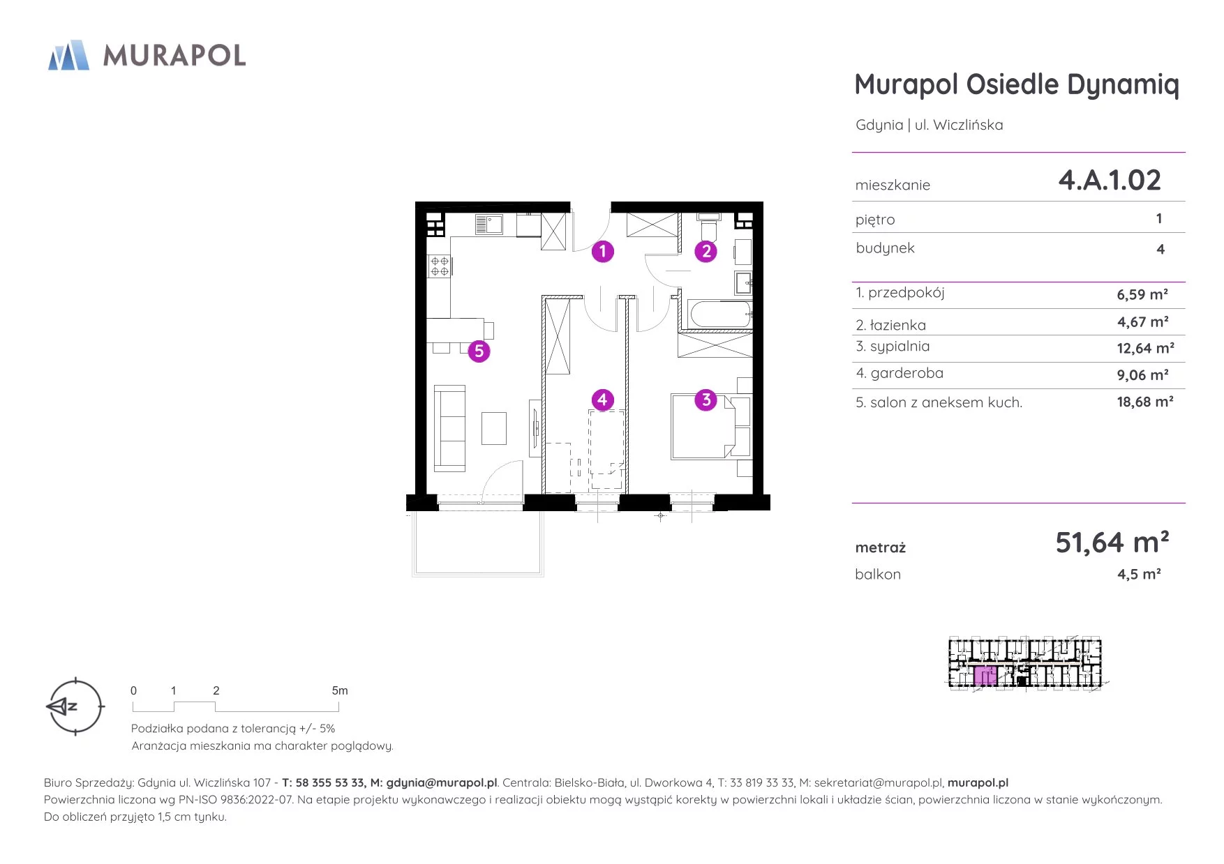 2 pokoje, mieszkanie 51,64 m², piętro 1, oferta nr 4.A.1.02, Murapol Osiedle Dynamiq, Gdynia, Chwarzno-Wiczlino, ul. Wiczlińska