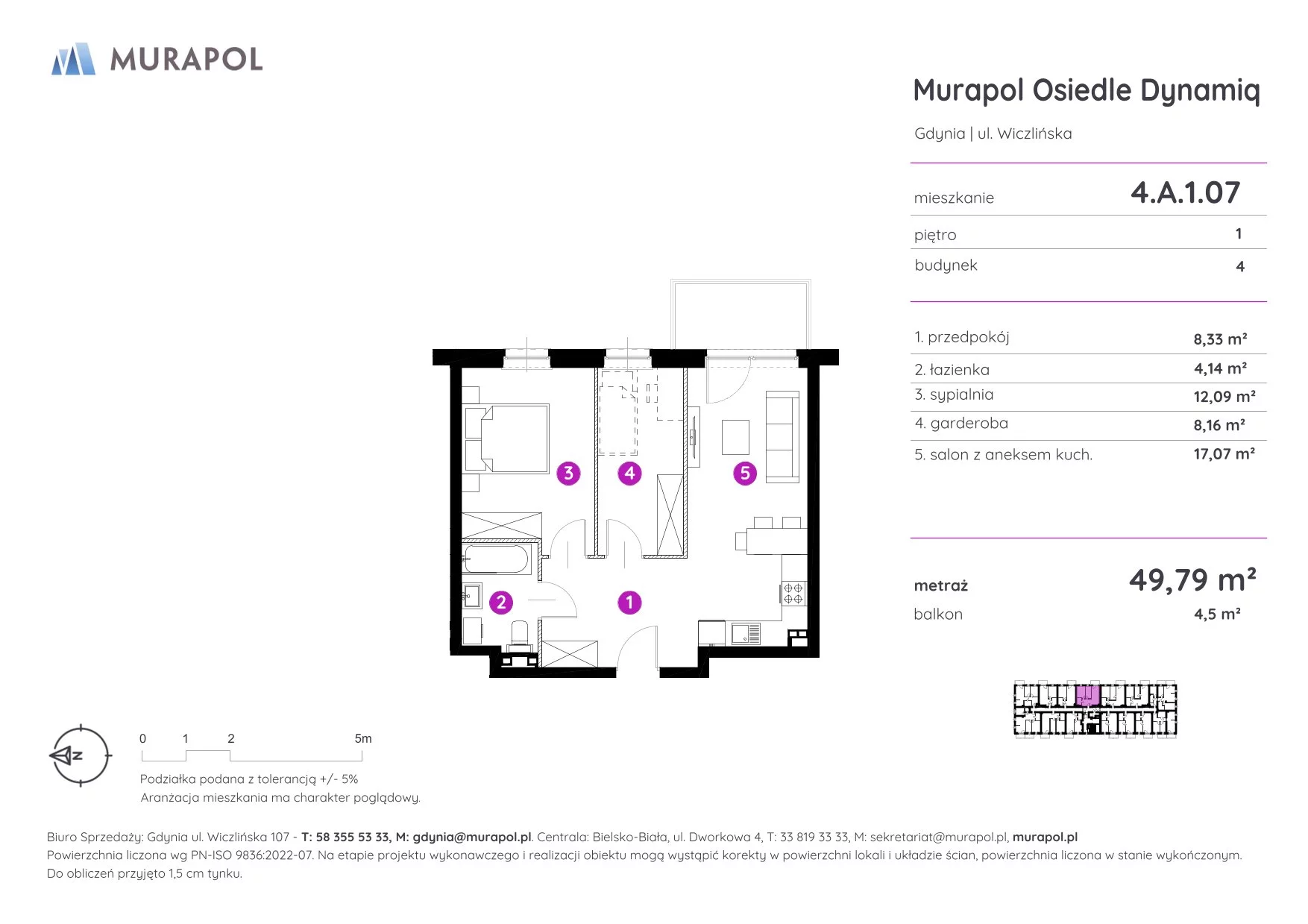 2 pokoje, mieszkanie 49,79 m², piętro 1, oferta nr 4.A.1.07, Murapol Osiedle Dynamiq, Gdynia, Chwarzno-Wiczlino, ul. Wiczlińska