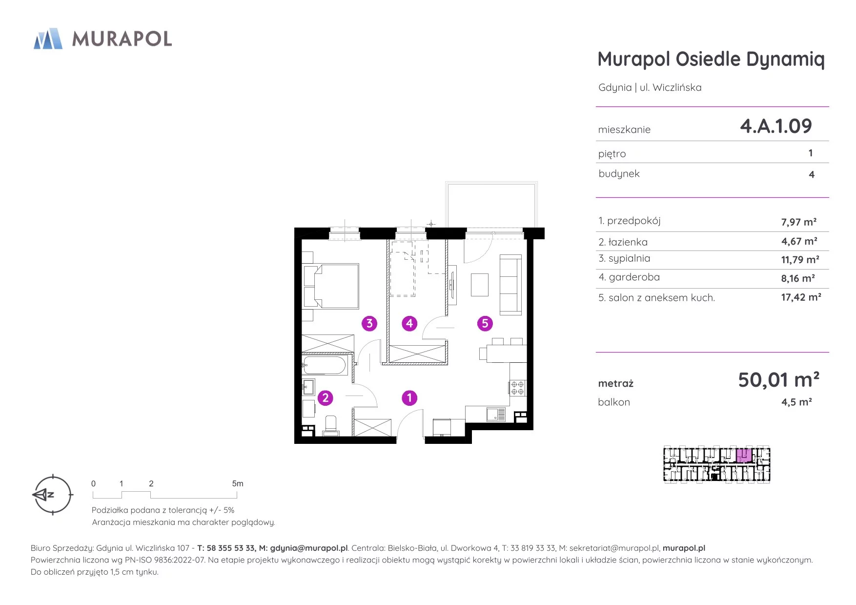 2 pokoje, mieszkanie 50,01 m², piętro 1, oferta nr 4.A.1.09, Murapol Osiedle Dynamiq, Gdynia, Chwarzno-Wiczlino, ul. Wiczlińska