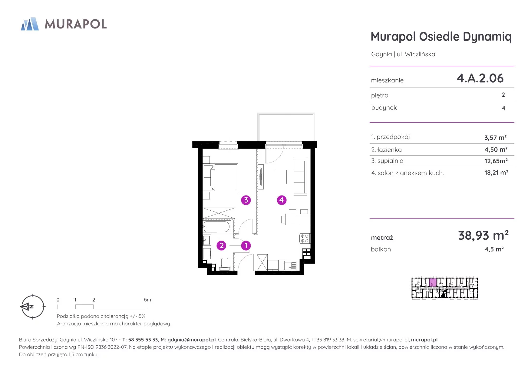 2 pokoje, mieszkanie 38,93 m², piętro 2, oferta nr 4.A.2.06, Murapol Osiedle Dynamiq, Gdynia, Chwarzno-Wiczlino, ul. Wiczlińska