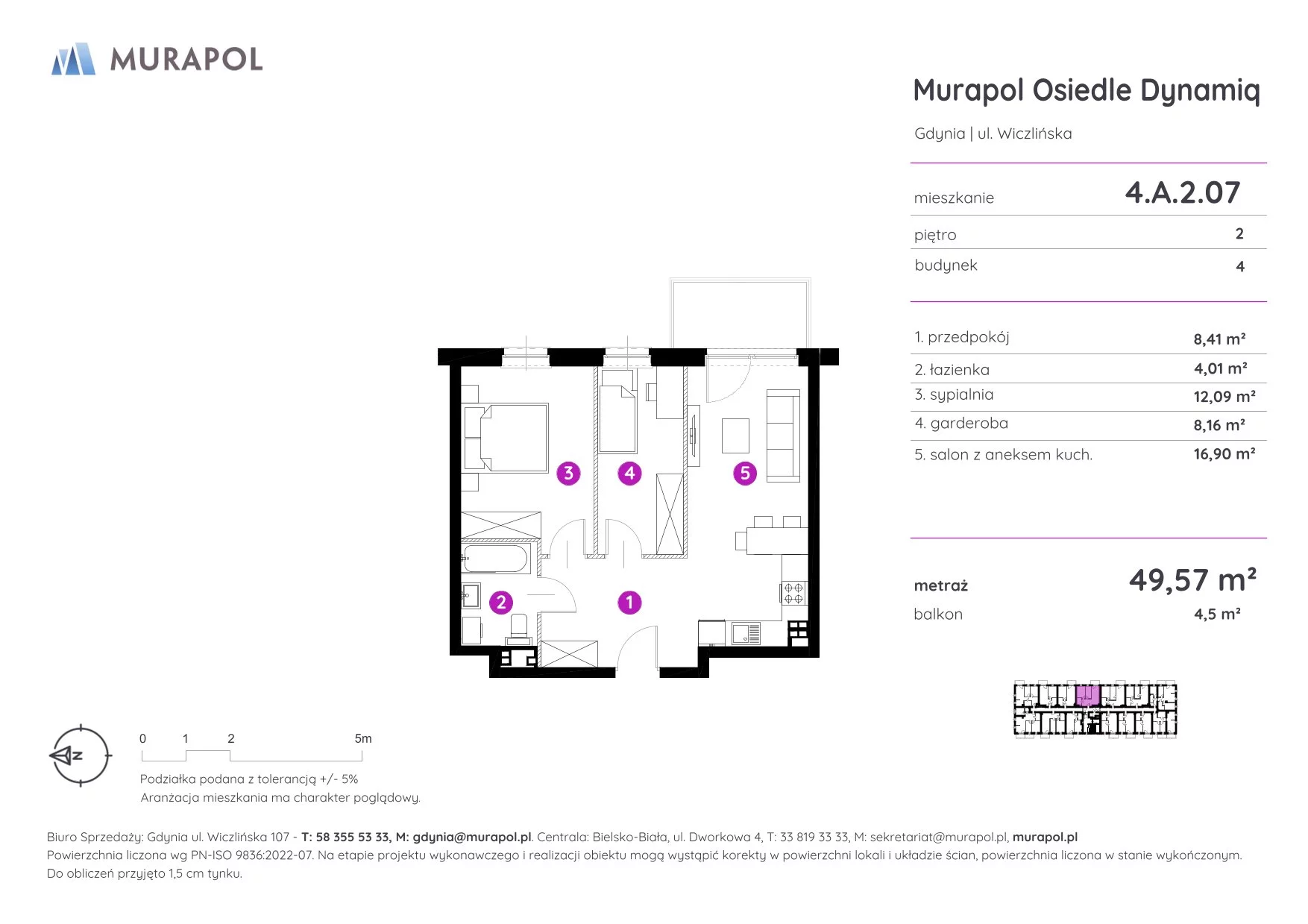 2 pokoje, mieszkanie 49,57 m², piętro 2, oferta nr 4.A.2.07, Murapol Osiedle Dynamiq, Gdynia, Chwarzno-Wiczlino, ul. Wiczlińska