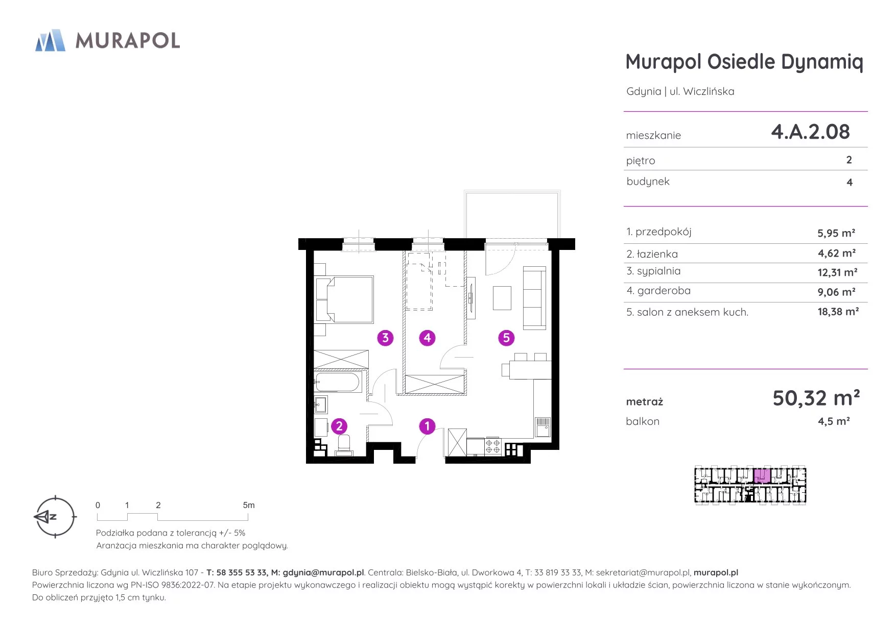 2 pokoje, mieszkanie 50,32 m², piętro 2, oferta nr 4.A.2.08, Murapol Osiedle Dynamiq, Gdynia, Chwarzno-Wiczlino, ul. Wiczlińska