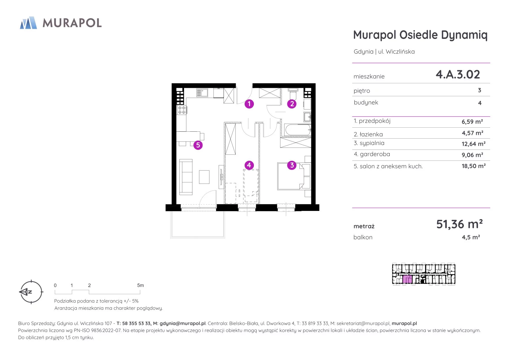 2 pokoje, mieszkanie 51,36 m², piętro 3, oferta nr 4.A.3.02, Murapol Osiedle Dynamiq, Gdynia, Chwarzno-Wiczlino, ul. Wiczlińska