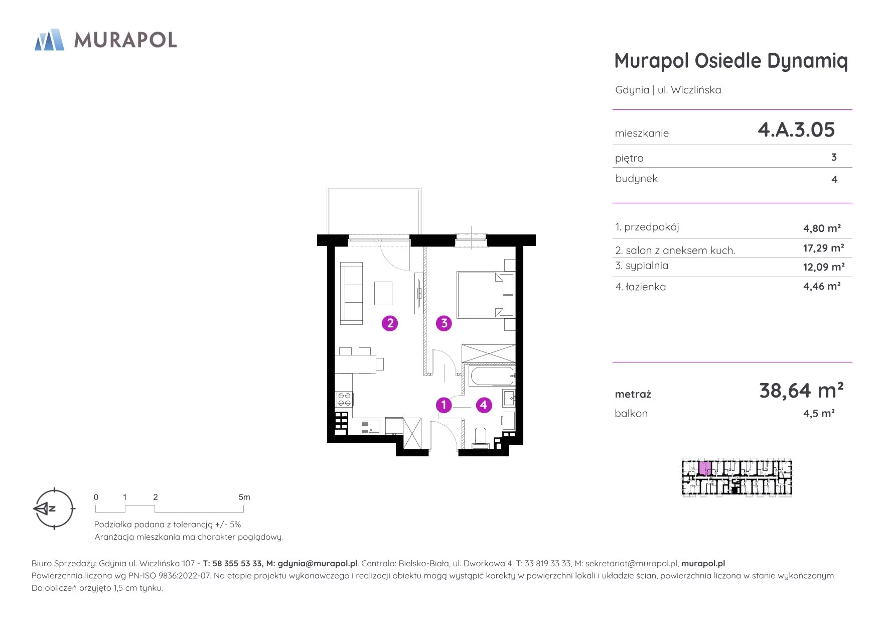 2 pokoje, mieszkanie 38,64 m², piętro 3, oferta nr 4.A.3.05, Murapol Osiedle Dynamiq, Gdynia, Chwarzno-Wiczlino, ul. Wiczlińska