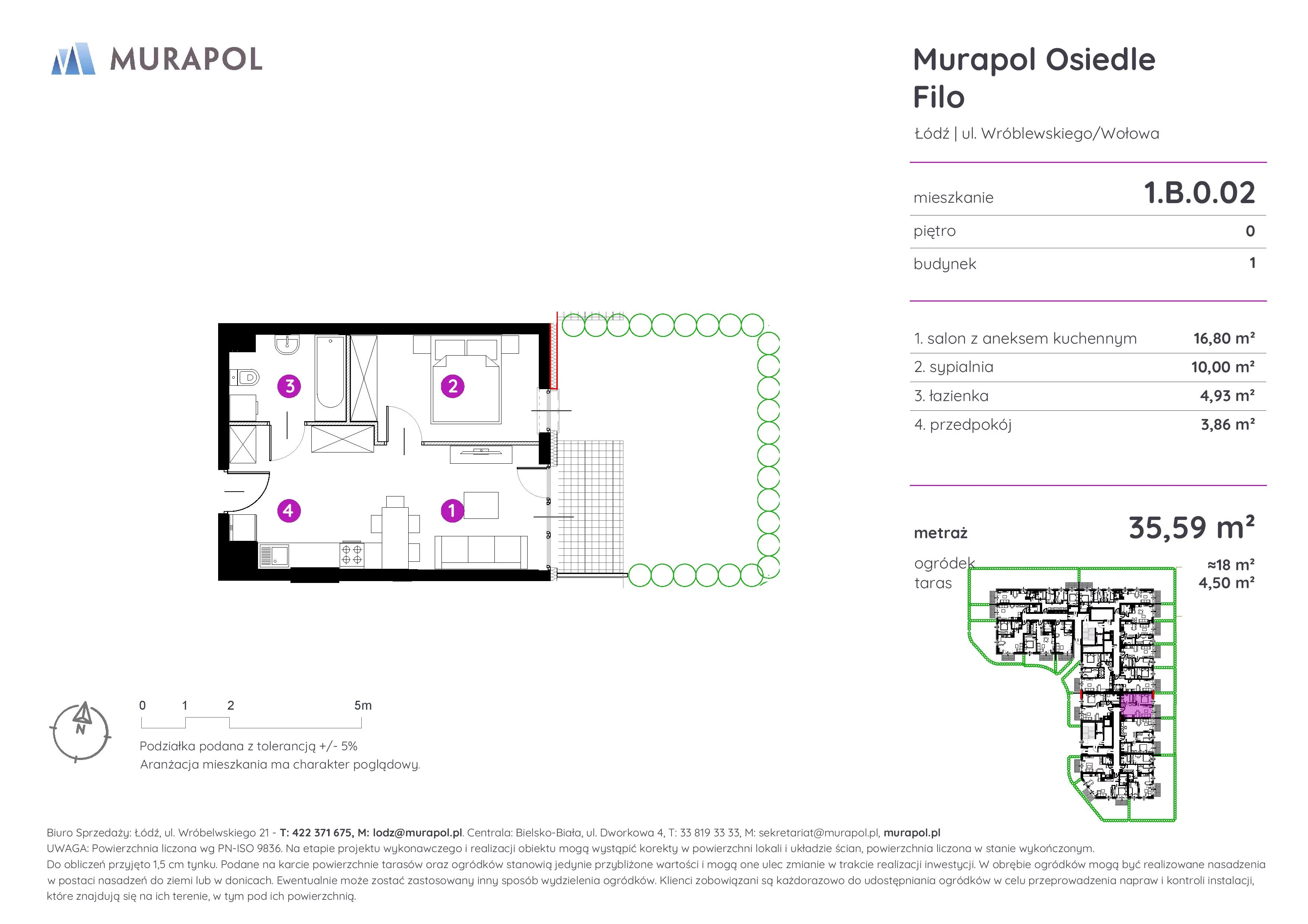 Mieszkanie 35,59 m², parter, oferta nr 1.B.0.02, Murapol Osiedle Filo, Łódź, Polesie, Stare Polesie, ul. Wołowa