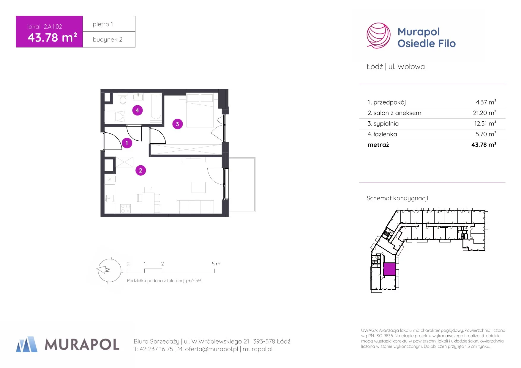 2 pokoje, mieszkanie 43,78 m², piętro 1, oferta nr 2.A.1.02, Murapol Osiedle Filo, Łódź, Polesie, Stare Polesie, ul. Wołowa