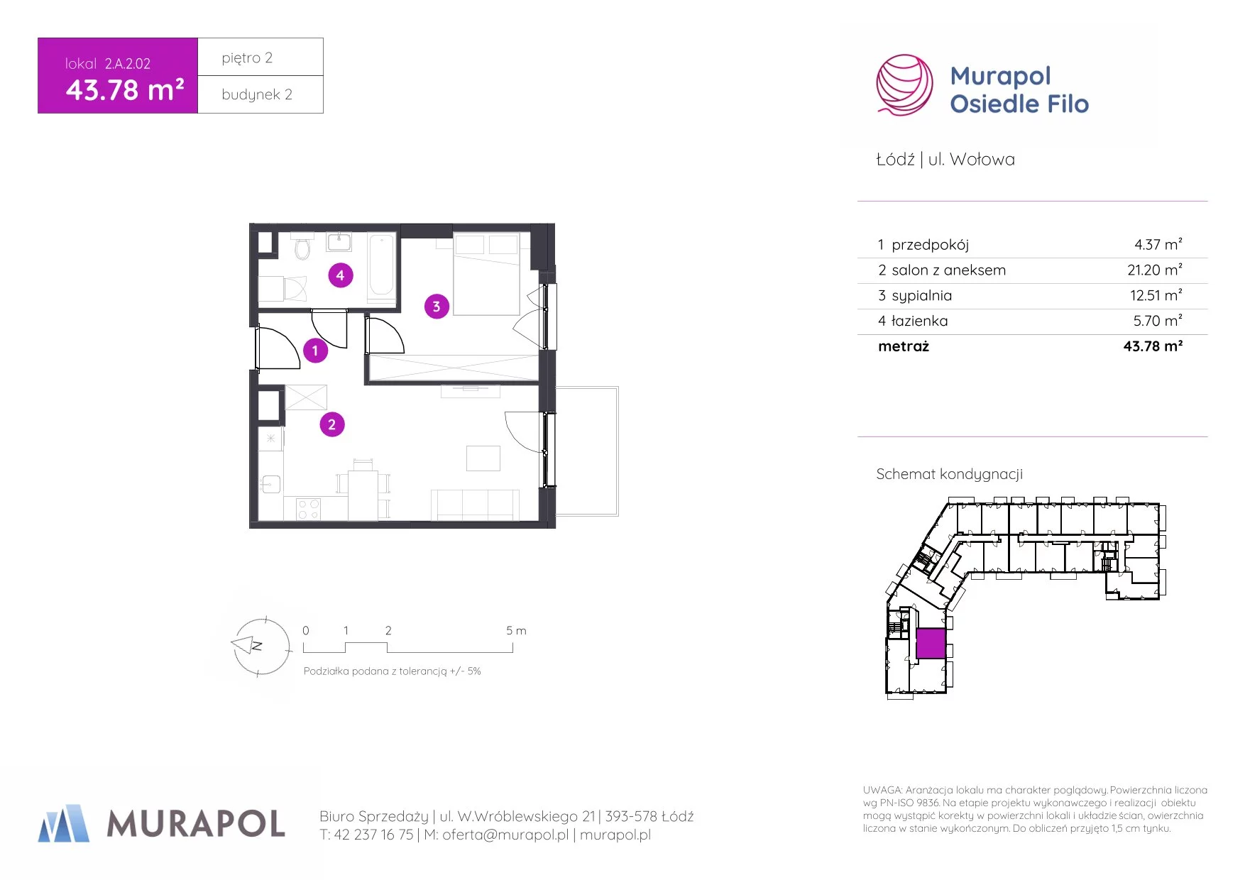 2 pokoje, mieszkanie 43,78 m², piętro 2, oferta nr 2.A.2.02, Murapol Osiedle Filo, Łódź, Polesie, Stare Polesie, ul. Wołowa