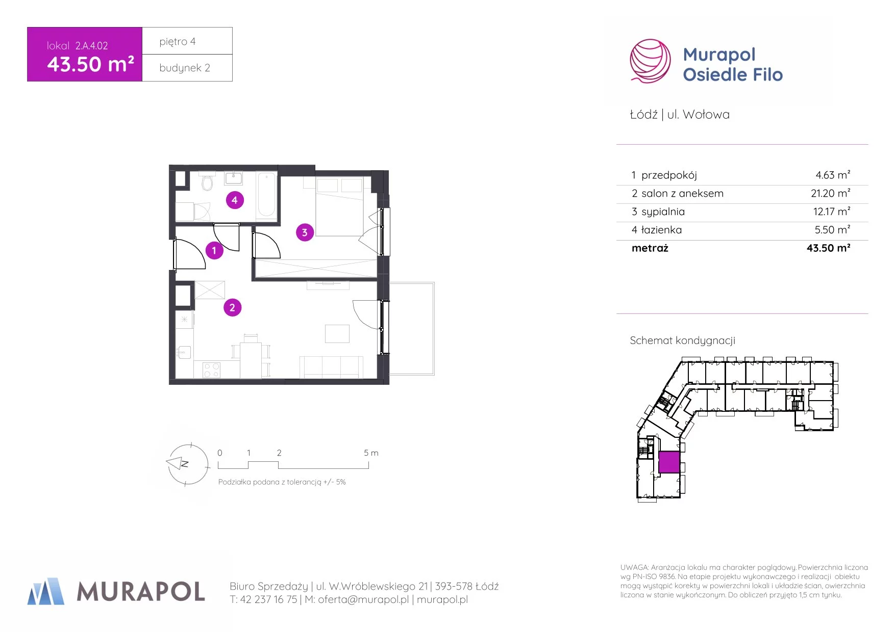 2 pokoje, mieszkanie 43,50 m², piętro 4, oferta nr 2.A.4.02, Murapol Osiedle Filo, Łódź, Polesie, Stare Polesie, ul. Wołowa