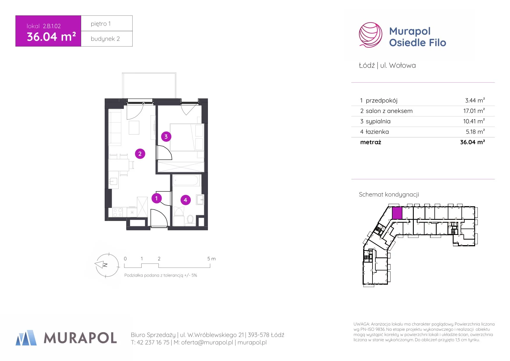 2 pokoje, mieszkanie 36,04 m², piętro 1, oferta nr 2.B.1.02, Murapol Osiedle Filo, Łódź, Polesie, Stare Polesie, ul. Wołowa