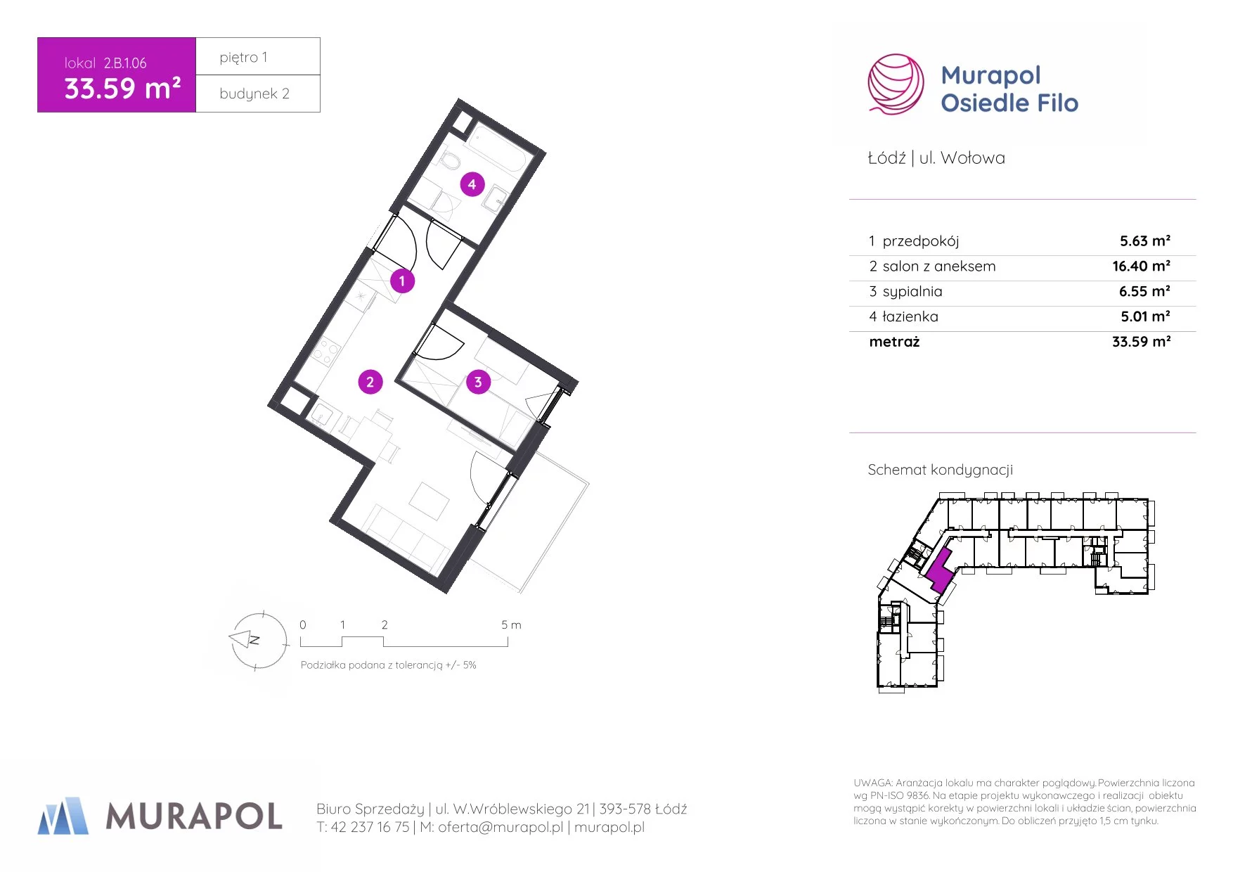 2 pokoje, mieszkanie 33,59 m², piętro 1, oferta nr 2.B.1.06, Murapol Osiedle Filo, Łódź, Polesie, Stare Polesie, ul. Wołowa